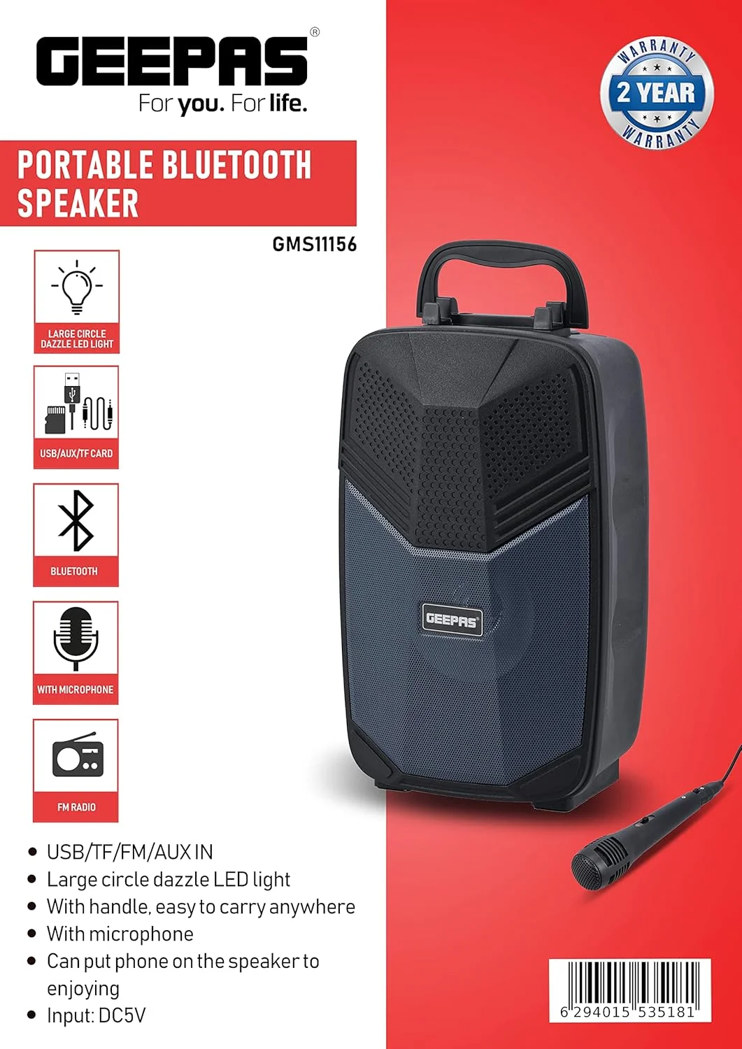 اسپیکر بلوتوث قابل حمل جیپاس مدل GMS11156، همراه با میکروفون، ورودی USB/TF/FM/AUX، نور LED دایره ای بزرگ خیره کننده، قابل حمل و سبک وزن، ایده آل برای خانه، هتل ها و استفاده در فضای باز، مشکی اسپیکر بلوتوث قابل حمل جیپاس مدل GMS11156، همراه با میکروفون، ورودی USB/TF/FM/AUX، نور LED دایره ای بزرگ خیره کننده، قابل حمل و سبک وزن، ایده آل برای خانه، هتل ها و استفاده در فضای باز، مشکی