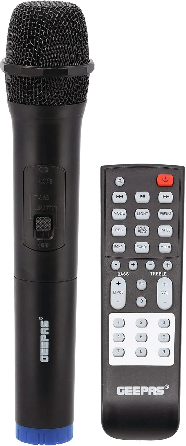 اسپیکر حرفه ای قابل حمل و شارژی Geepas مدل GMS11171 | بلوتوث/USB/TF Card/FM/TWS | جک ورودی میکروفون و گیتار | باتری لیتیومی 7.4 ولت 3600 میلی آمپر اسپیکر حرفه ای قابل حمل و شارژی Geepas مدل GMS11171 | بلوتوث/USB/TF Card/FM/TWS | جک ورودی میکروفون و گیتار | باتری لیتیومی 7.4 ولت 3600 میلی آمپر