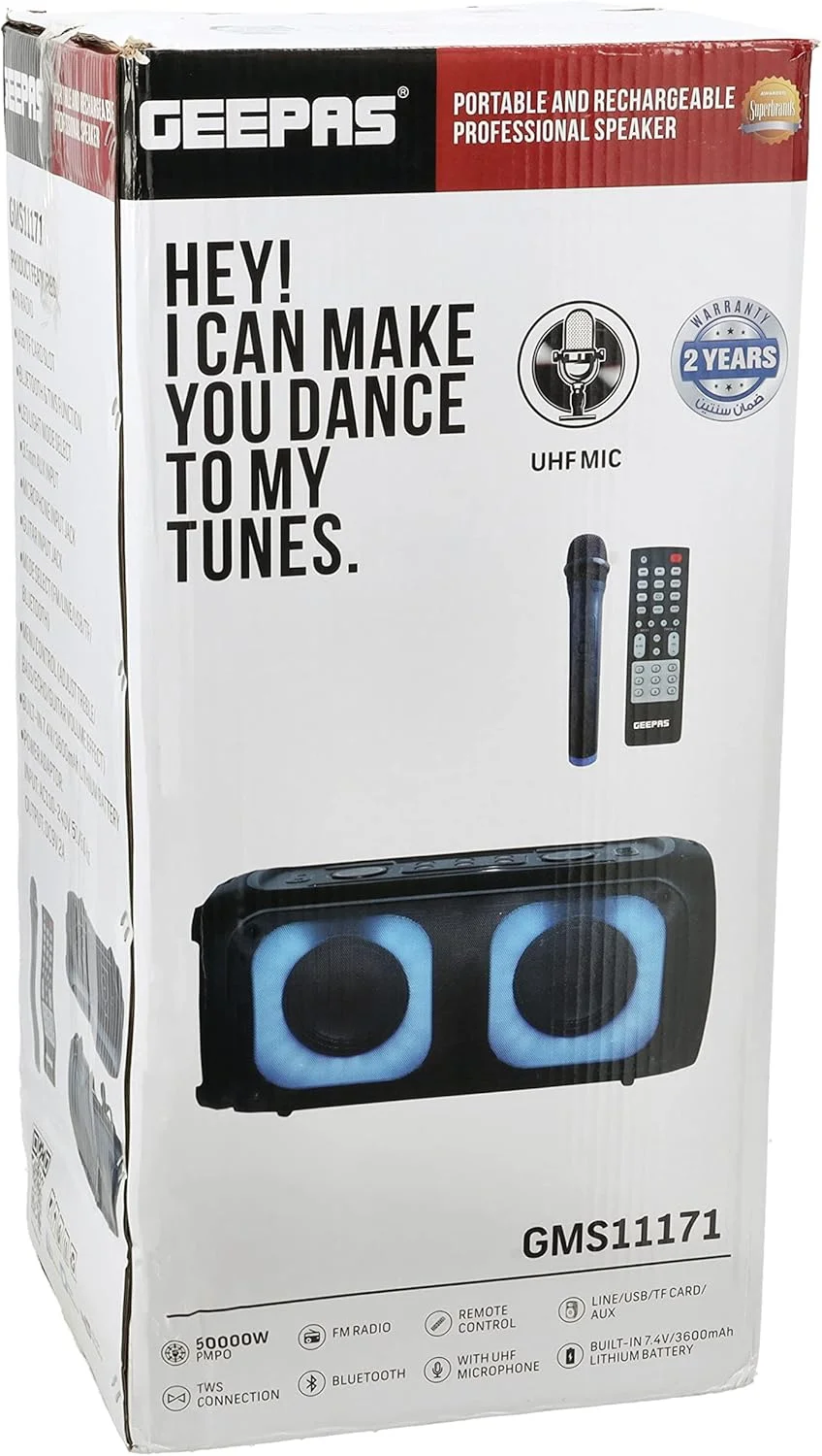 اسپیکر حرفه ای قابل حمل و شارژی Geepas مدل GMS11171 | بلوتوث/USB/TF Card/FM/TWS | جک ورودی میکروفون و گیتار | باتری لیتیومی 7.4 ولت 3600 میلی آمپر اسپیکر حرفه ای قابل حمل و شارژی Geepas مدل GMS11171 | بلوتوث/USB/TF Card/FM/TWS | جک ورودی میکروفون و گیتار | باتری لیتیومی 7.4 ولت 3600 میلی آمپر