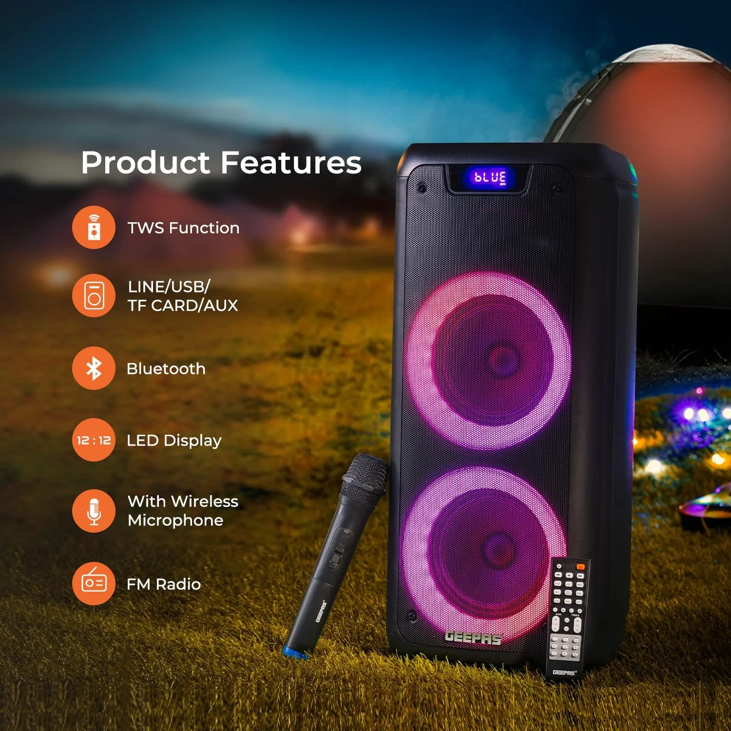 اسپیکر حرفه ای شارژی Geepas، 40000W PMPO، GMS11168 | اتصال TWS، BT/FM/USB/TF Card | صفحه نمایش LED | میکروفون بی سیم | باتری لیتیومی 7.4V/3000mAh اسپیکر حرفه ای شارژی Geepas، 40000W PMPO، GMS11168 | اتصال TWS، BT/FM/USB/TF Card | صفحه نمایش LED | میکروفون بی سیم | باتری لیتیومی 7.4V/3000mAh