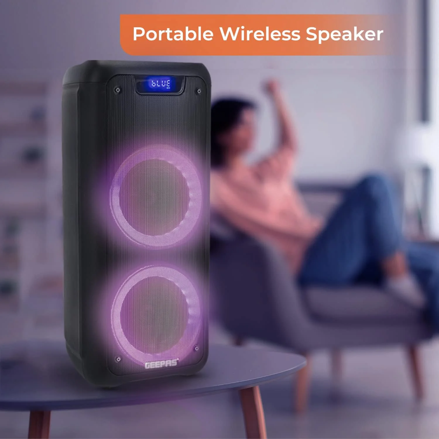 اسپیکر حرفه ای شارژی Geepas، 40000W PMPO، GMS11168 | اتصال TWS، BT/FM/USB/TF Card | صفحه نمایش LED | میکروفون بی سیم | باتری لیتیومی 7.4V/3000mAh اسپیکر حرفه ای شارژی Geepas، 40000W PMPO، GMS11168 | اتصال TWS، BT/FM/USB/TF Card | صفحه نمایش LED | میکروفون بی سیم | باتری لیتیومی 7.4V/3000mAh