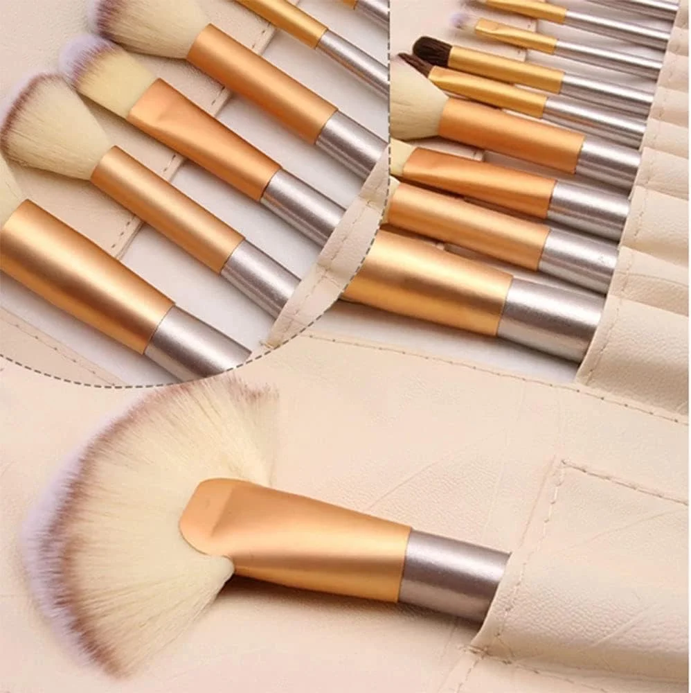 ست برس آرایشی حرفه ای DMG، 24 تکه، برس آرایشی با کیفیت برای دختران، مناسب برای کرم پودر کابوکی، پودر، کانتور، ترکیب، رژگونه، سایه چشم، شامل کیف مسافرتی PU، دسته چوبی محکم، موهای بدون تست حیوانی