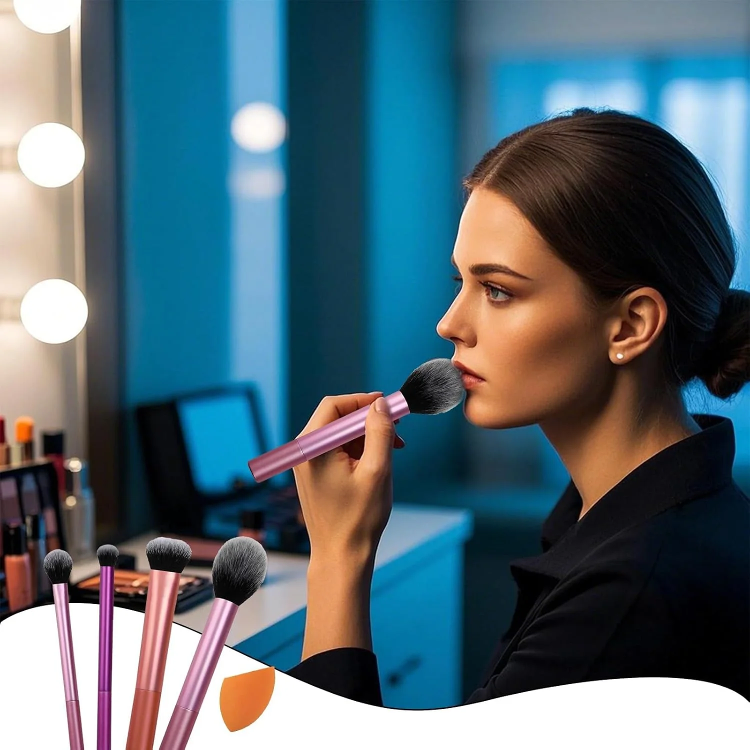 ست برس آرایشی دفسدار 5 تکه، برس های آرایشی و اسفنج بلندر آرایشی برای کرم پودر، رژگونه، برنزر، سایه چشم و پودر، موهای مصنوعی، بدون تست حیوانی ست برس آرایشی دفسدار 5 تکه، برس های آرایشی و اسفنج بلندر آرایشی برای کرم پودر، رژگونه، برنزر، سایه چشم و پودر، موهای مصنوعی، بدون تست حیوانی