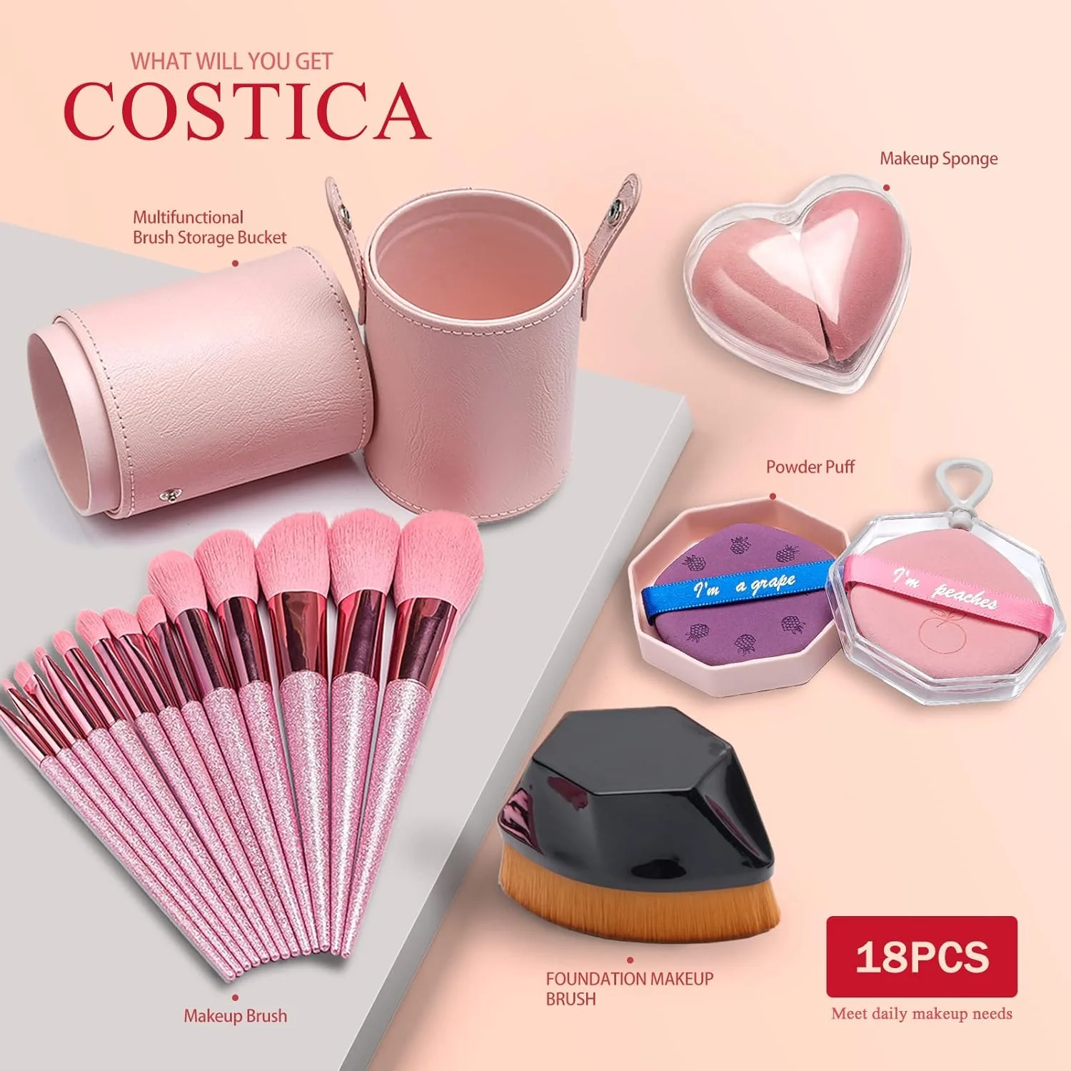 ست برس آرایشی 18 تکه COSTICA، برس های آرایشی حرفه ای مصنوعی ممتاز، پودر فونداسیون کابوکی، بیوتی بلندر، پودر پاف با جعبه هدیه سطلی PU نفیس برای زنان، دوست دختر، مادر ست برس آرایشی 18 تکه COSTICA، برس های آرایشی حرفه ای مصنوعی ممتاز، پودر فونداسیون کابوکی، بیوتی بلندر، پودر پاف با جعبه هدیه سطلی PU نفیس برای زنان، دوست دختر، مادر