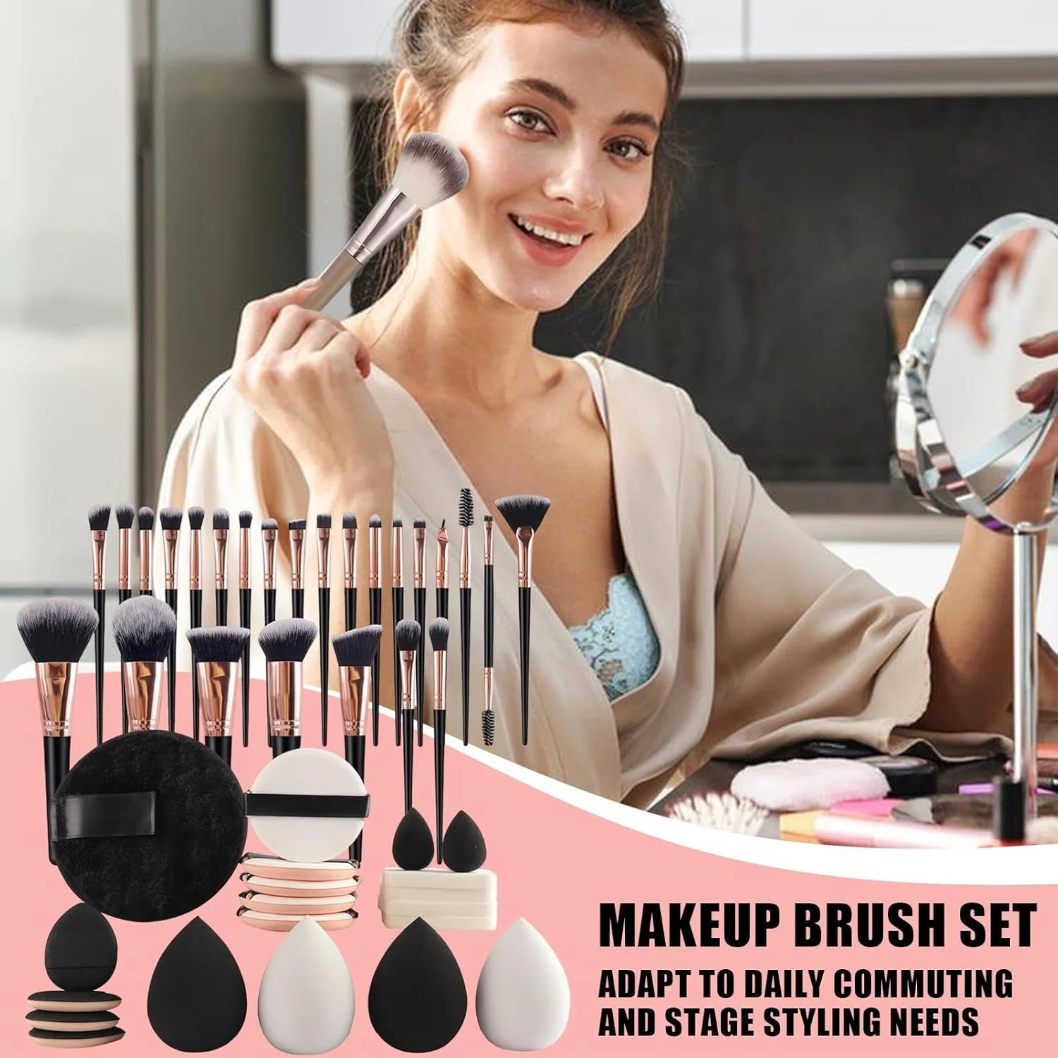 ست لوازم آرایشی مسافرتی جمع و جور، ست برس آرایشی مسافرتی سبک وزن 45 تکه با پودر پف برای زنان - کمک آرایشی برای سفر تجاری مدرسه در فضای باز و داخلی