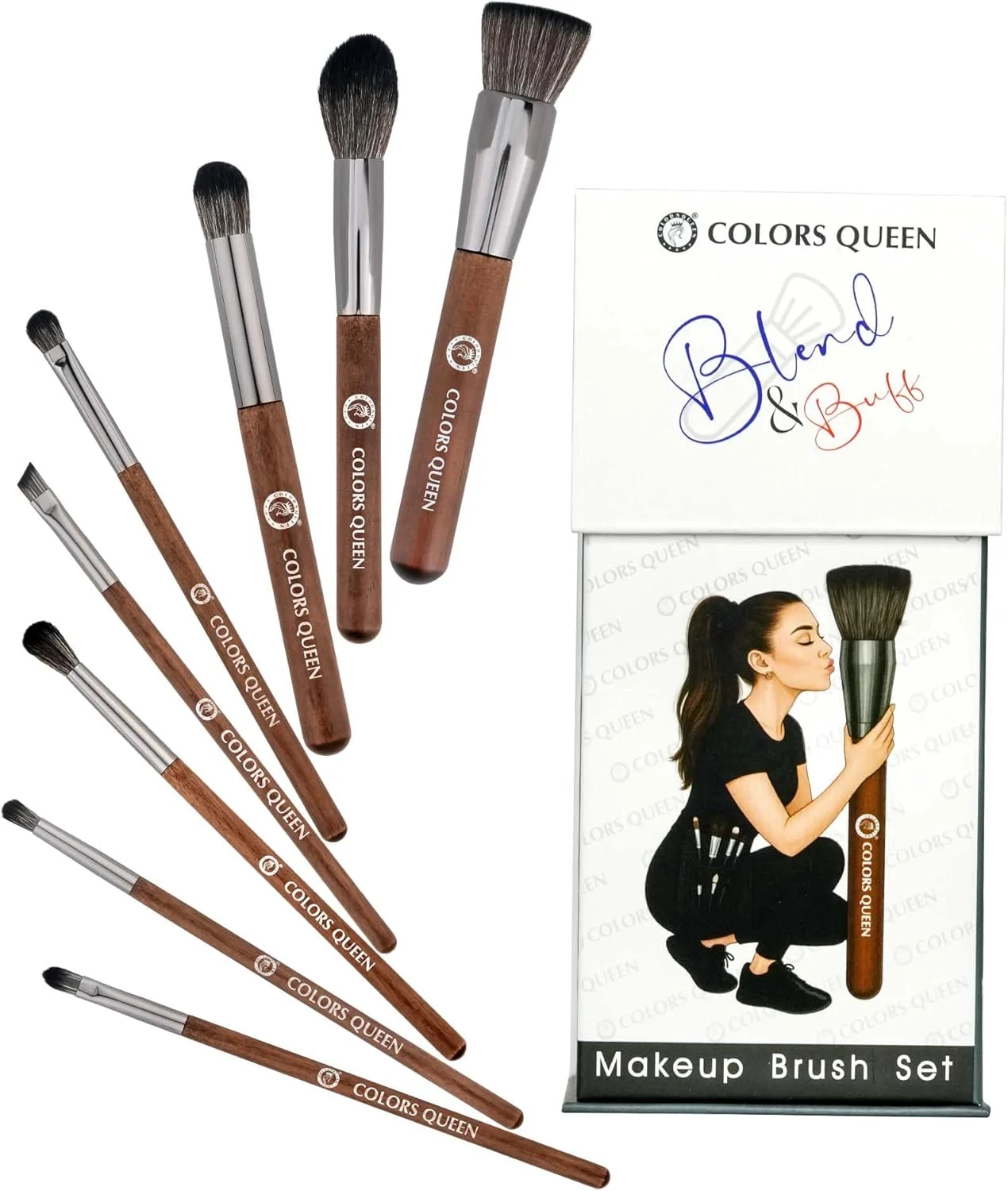 ست برس آرایشی 8 عددی Colors Queen Blend & Buff به همراه نگهدارنده | استفاده آسان و کاربرد دقیق برای مایع، کرم و پودر | ست برس آرایشی چند منظوره صورت و چشم با موهای فوق العاده نرم