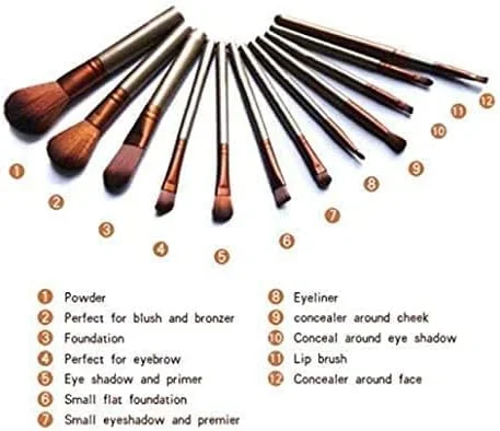 ست برس آرایشی CHITROSE - 12 عدد برس آرایشی قهوه ای با 2 عدد اسفنج آرایشی صورتی - (بسته 14 عددی)