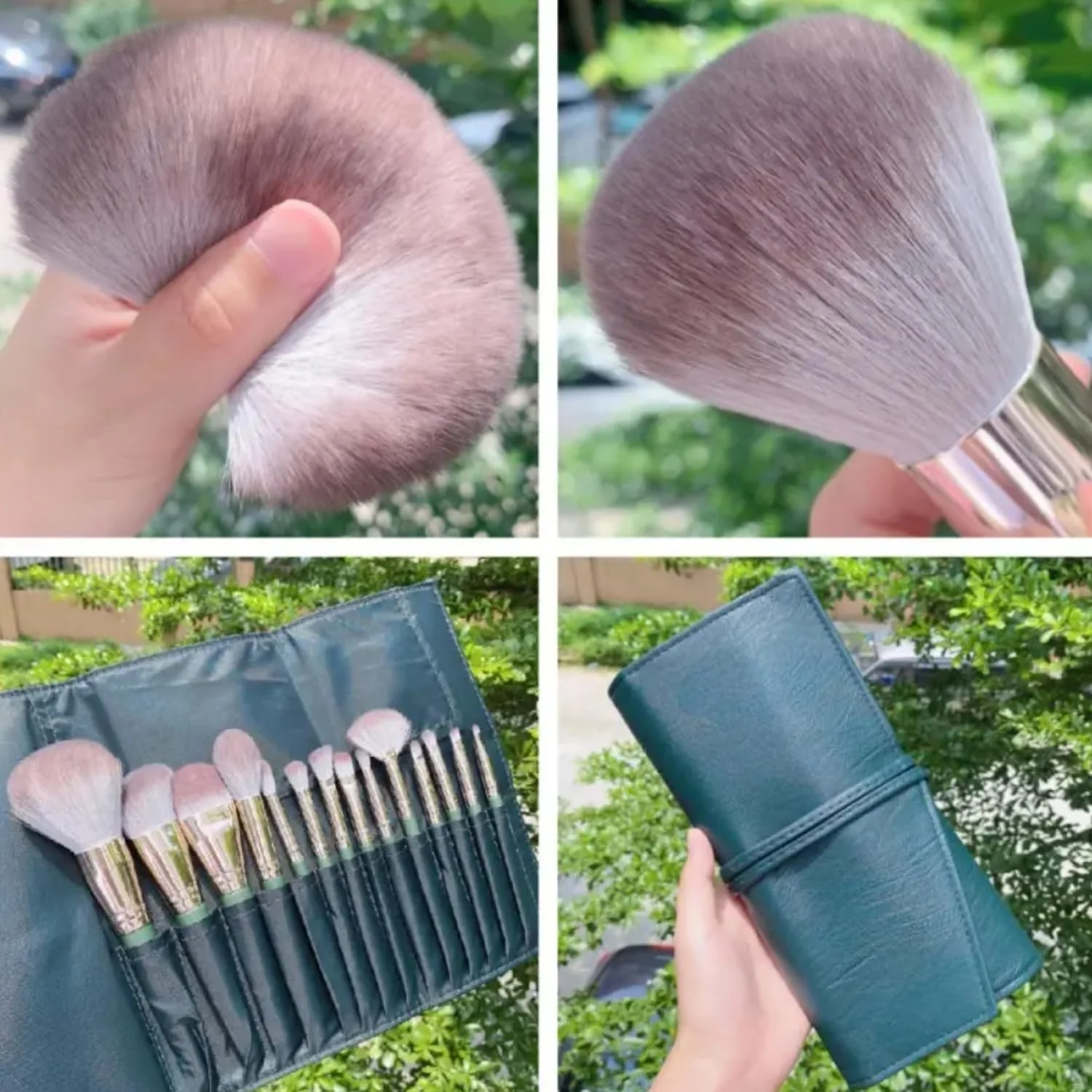 ست براش آرایشی ۱۴ تکه Cloudlyn، براش های کرم پودر مصنوعی ممتاز، پودر، رژگونه، کانسیلر، سایه چشم، براش های آرایش صورت، کیت براش آرایشی حرفه ای با کیف چرمی PU سبز