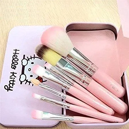 ست برس آرایشی 7 تکه Catiblue با جعبه نگهداری طرح هلو کیتی و پد اسفنجی ترکیب کننده آرایش