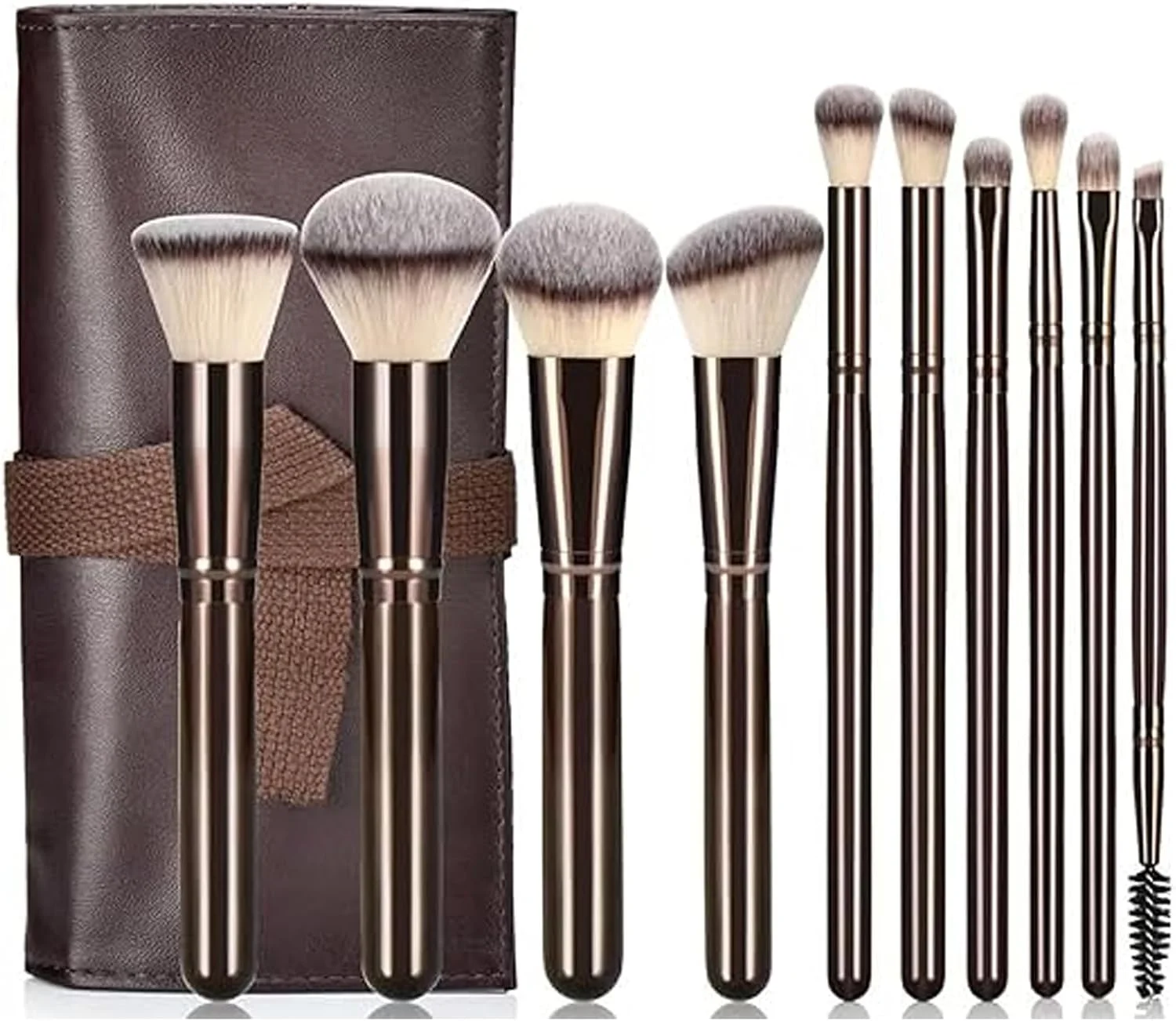 ست برس آرایشی 10 تکه Checkzed، دسته چوبی برنزی شیک، موهای مصنوعی نرم، کیت برس کامل و کیف شانه برای کرم پودر، رژگونه، سایه چشم و کانتورینگ