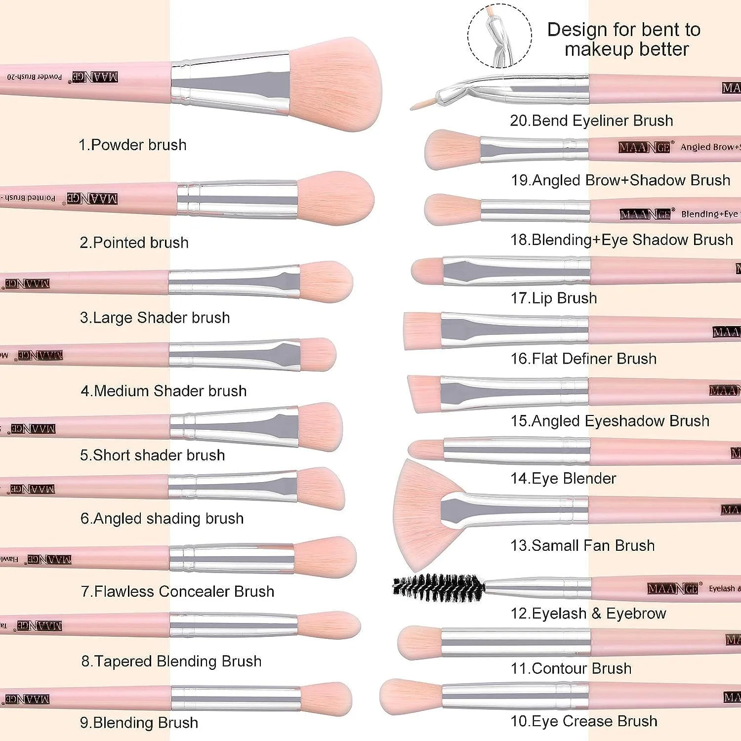 ست 20 عددی برس آرایشی حرفه ای CARAPACE، شامل برس های کرم پودر، سایه چشم، رژگونه، برس مسافرتی کابوکی، برس های ترکیب کننده کانسیلر، پودر صورت و ست برس های آرایش چشم (صورتی)