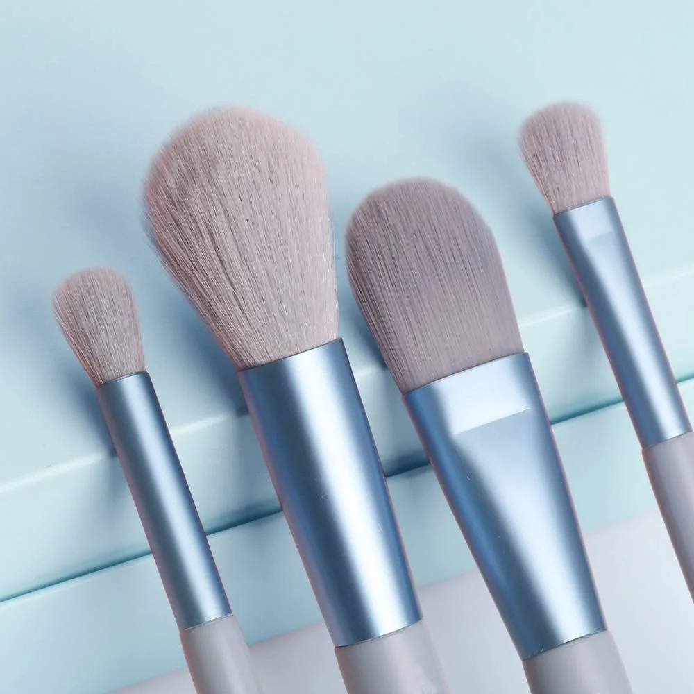 ست برس آرایشی 8 عددی Caithly، برس کرم پودر مصنوعی ممتاز، برس ترکیبی، پودر صورت، رژگونه، کانسیلر، سایه چشم، ست برس آرایشی با دسته چوبی قابل حمل (آبی)