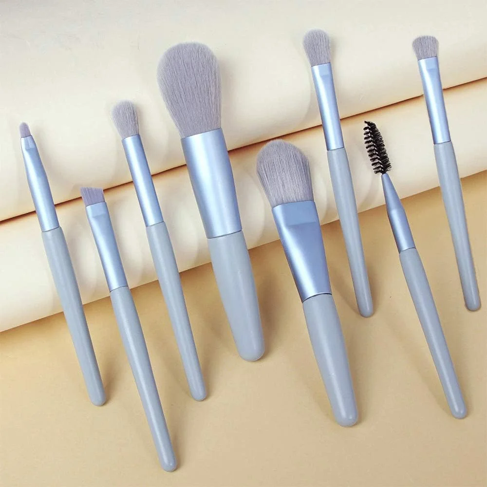 ست برس آرایشی 8 عددی Caithly، برس کرم پودر مصنوعی ممتاز، برس ترکیبی، پودر صورت، رژگونه، کانسیلر، سایه چشم، ست برس آرایشی با دسته چوبی قابل حمل (آبی)