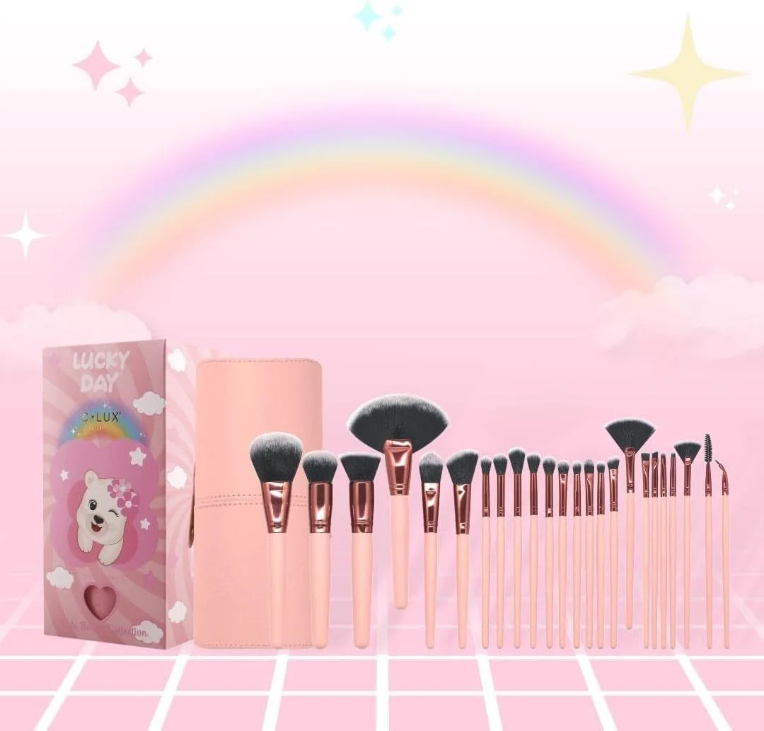 ست برس آرایشی 24 تکه C-LUX مدل Lucky Day - طراحی رزگلد، موهای مصنوعی نرم، کیت کامل برس صورت و چشم به همراه نگهدارنده مناسب سفر - ایده آل برای مبتدیان، حرفه ای ها و هدیه دادن