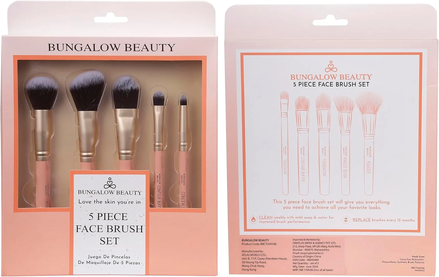 ست برس آرایشی ممتاز BUNGALOW BEAUTY، ست 5 عددی صورت، شامل برس رژگونه زاویه دار، کرم پودر، کانتور بافر، کانسیلر، ست 5 تکه با قابلیت نگهداری آسان و استفاده دقیق برای صورت