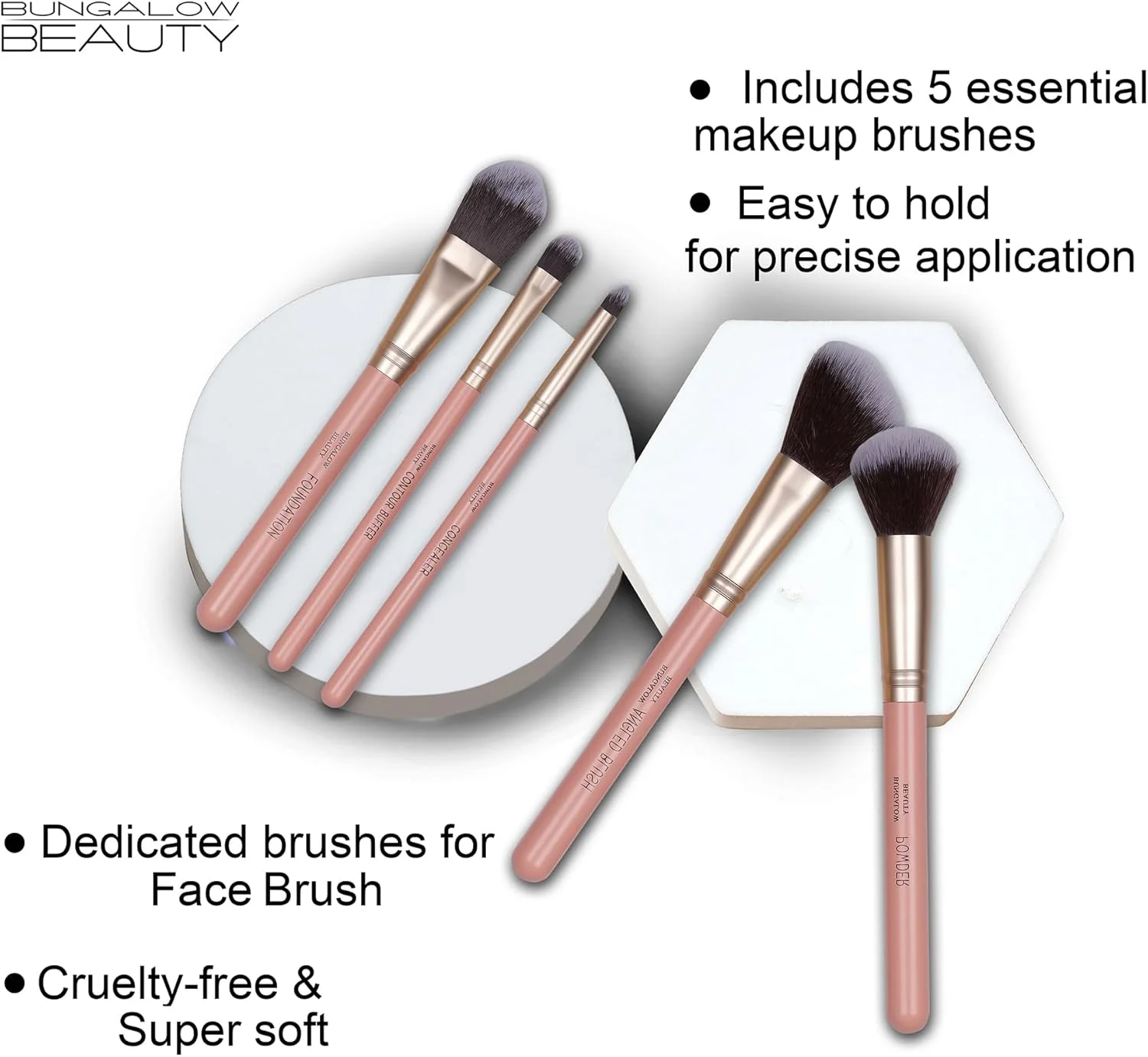 ست برس آرایشی ممتاز BUNGALOW BEAUTY، ست 5 عددی صورت، شامل برس رژگونه زاویه دار، کرم پودر، کانتور بافر، کانسیلر، ست 5 تکه با قابلیت نگهداری آسان و استفاده دقیق برای صورت ست برس آرایشی ممتاز BUNGALOW BEAUTY، ست 5 عددی صورت، شامل برس رژگونه زاویه دار، کرم پودر، کانتور بافر، کانسیلر، ست 5 تکه با قابلیت نگهداری آسان و استفاده دقیق برای صورت