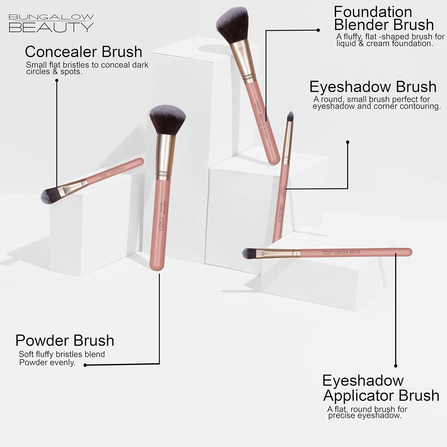 ست برس آرایشی ممتاز BUNGALOW BEAUTY، ست 5 عددی صورت، شامل برس رژگونه زاویه دار، کرم پودر، کانتور بافر، کانسیلر، ست 5 تکه با قابلیت نگهداری آسان و استفاده دقیق برای صورت ست برس آرایشی ممتاز BUNGALOW BEAUTY، ست 5 عددی صورت، شامل برس رژگونه زاویه دار، کرم پودر، کانتور بافر، کانسیلر، ست 5 تکه با قابلیت نگهداری آسان و استفاده دقیق برای صورت