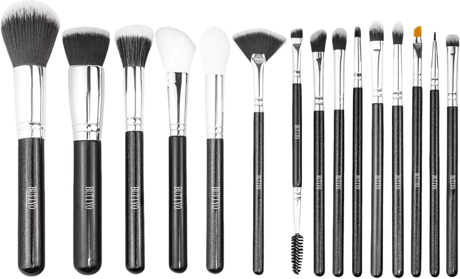 ست برس آرایشی BUTIYO، 15 عدد برس مصنوعی برای کرم پودر، کانسیلر، سایه چشم، رژگونه، ابرو با رنگ مشکی (15 عددی) FB029