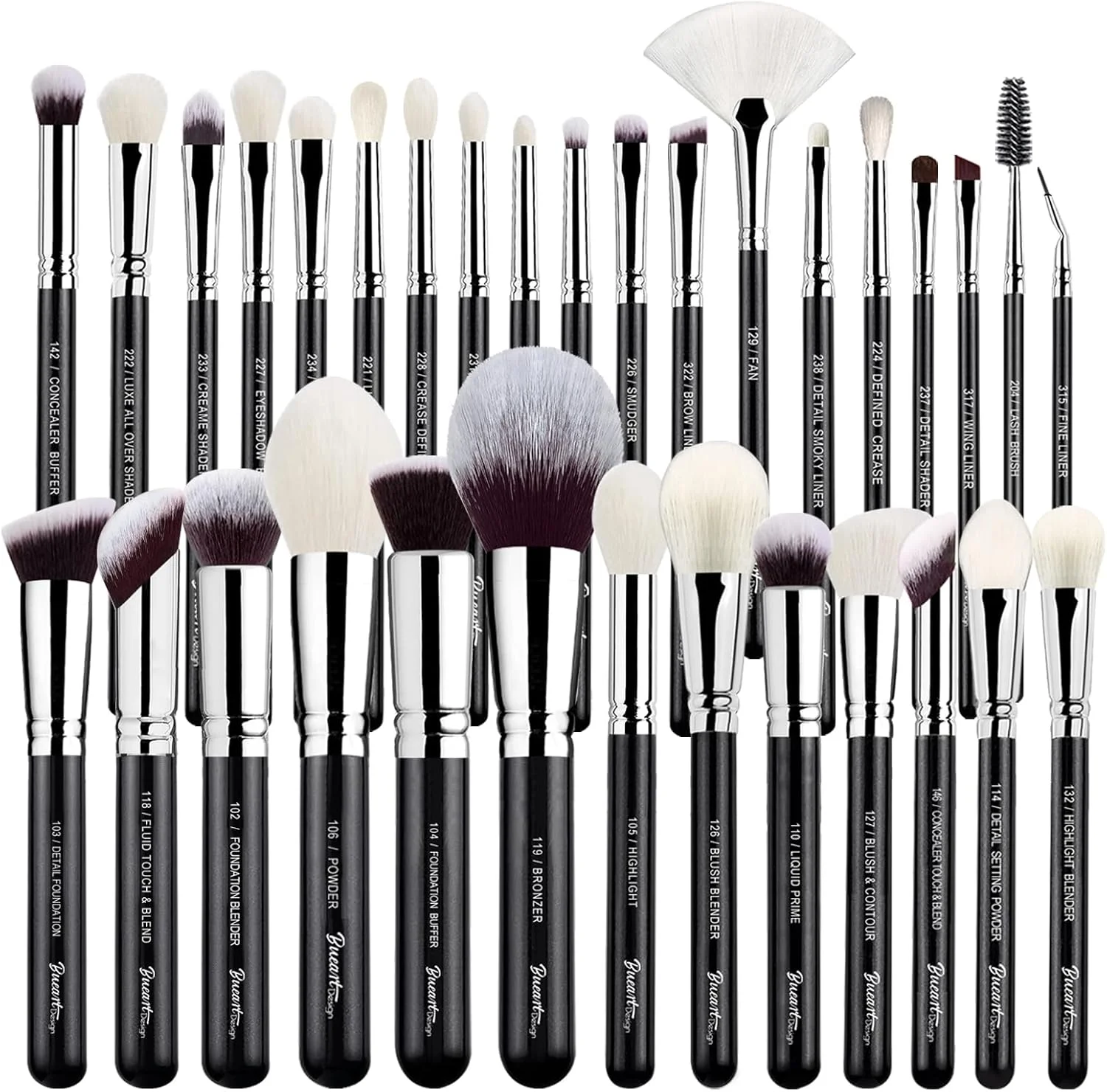 ست برس آرایشی حرفه ای Bueart Design Pro، 32 تکه، موی بز و اسب لوکس، مجموعه برس آرایشی چشم و صورت برای هر امکانی