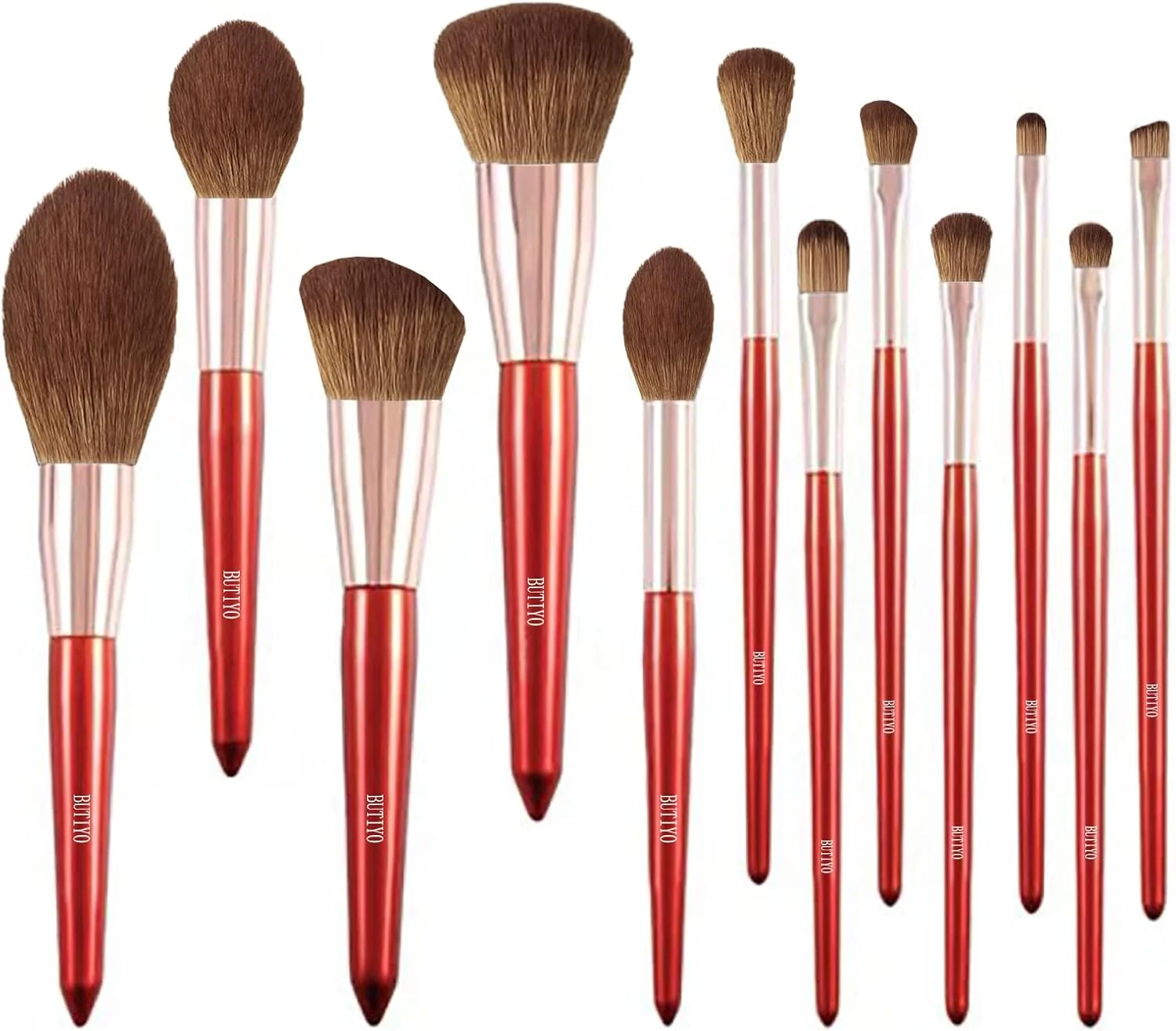 ست برس آرایشی BUTIYO، شامل 12 برس قرمز رنگ برای کرم پودر، کانسیلر، سایه چشم و رژگونه (FB021)