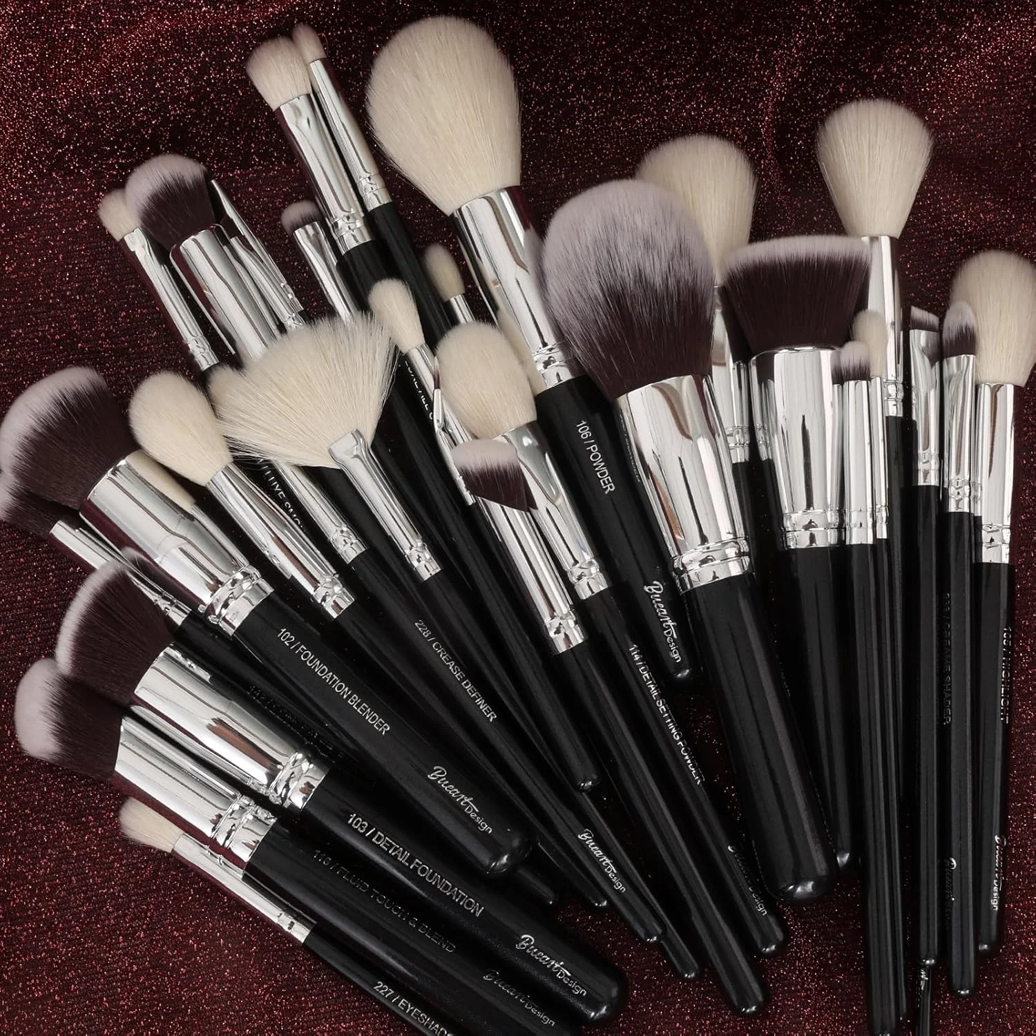 ست برس آرایشی حرفه ای Bueart Design Pro، 32 تکه، موی بز و اسب لوکس، مجموعه برس آرایشی چشم و صورت برای هر امکانی