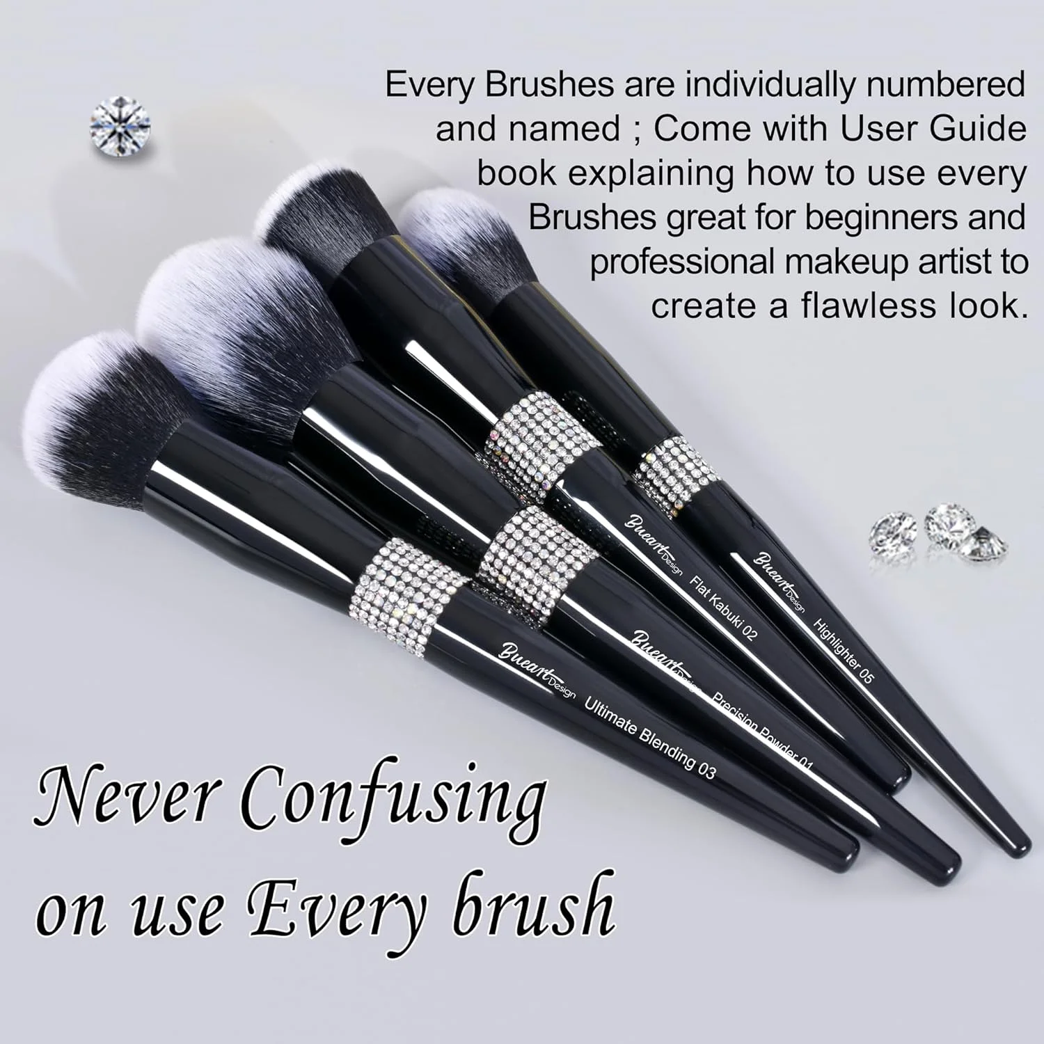 ست برس آرایشی حرفه ای Bueart Design، 16 تکه، موهای مصنوعی با طراحی نگین دار، مشکی