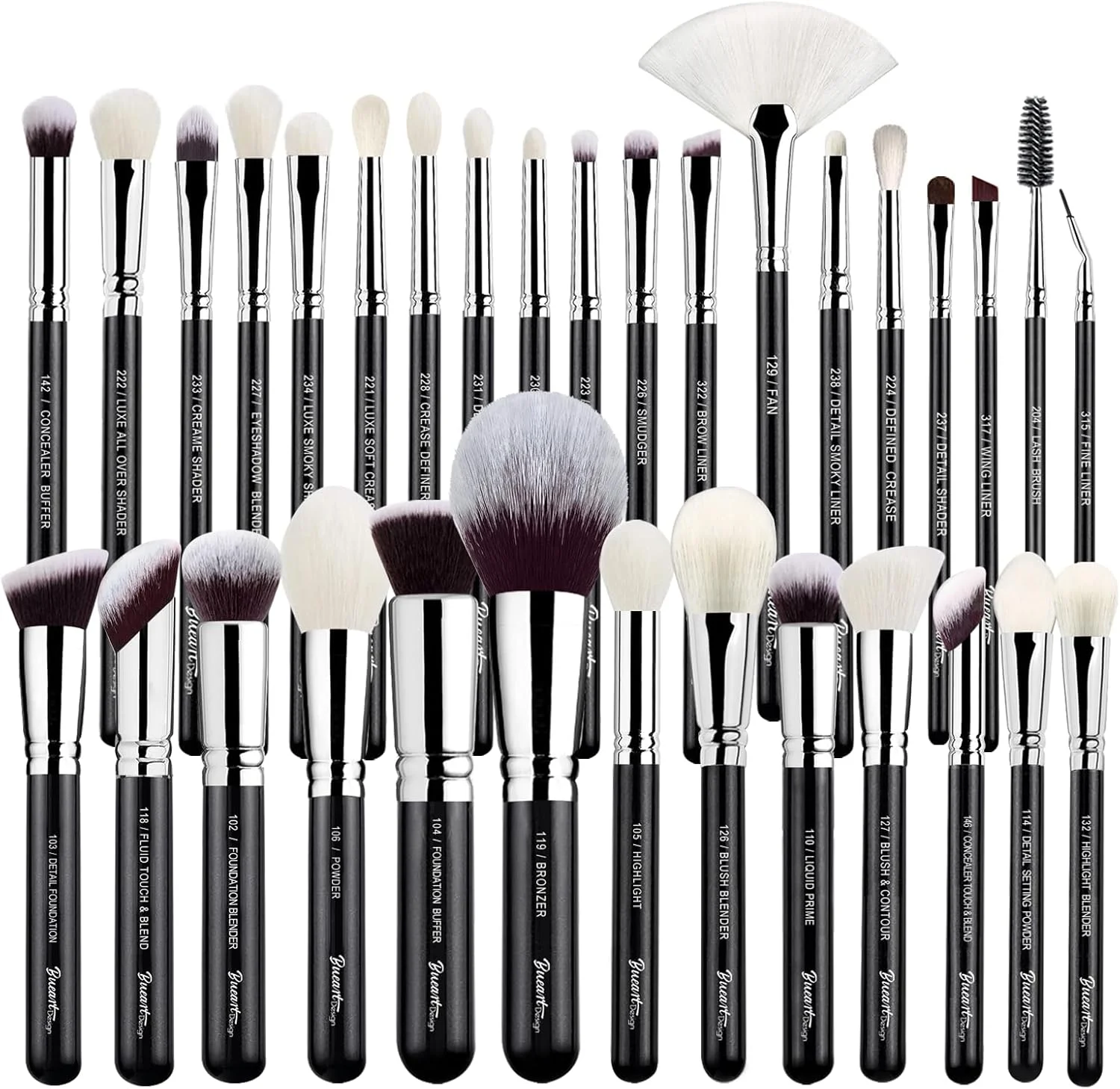 ست برس آرایشی حرفه ای Bueart Design Pro، 32 تکه، موی بز و اسب لوکس، مجموعه برس آرایشی چشم و صورت برای هر امکانی