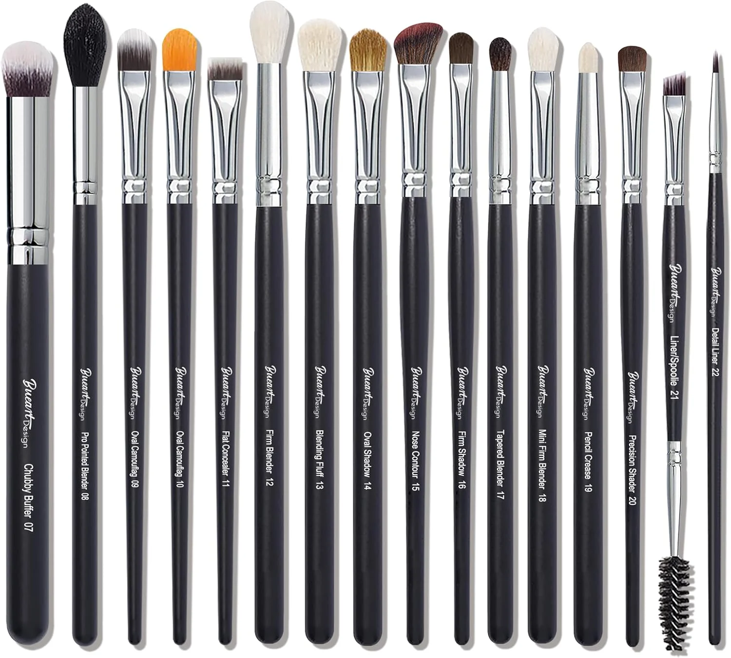 ست 16 عددی برس آرایشی چشم Bueart Design Pro برای سایه چشم، ابرو، خط چشم، مژه، برس ترکیبی سایه چشم موی طبیعی، ست برس آرایشی ضروری روزانه با موهای بز و اسبچه ممتاز