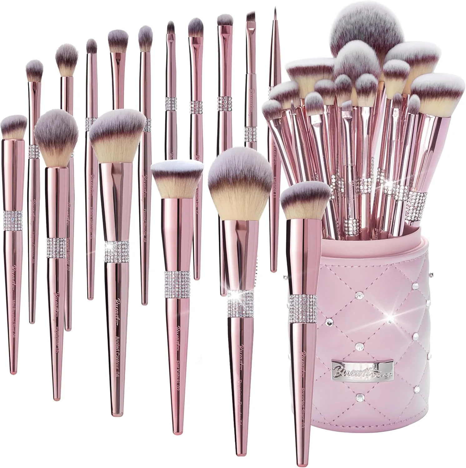 ست براش آرایشی حرفه ای Bueart، 16 تکه رزگلد با دسته های نگین دار، هولدر صورتی