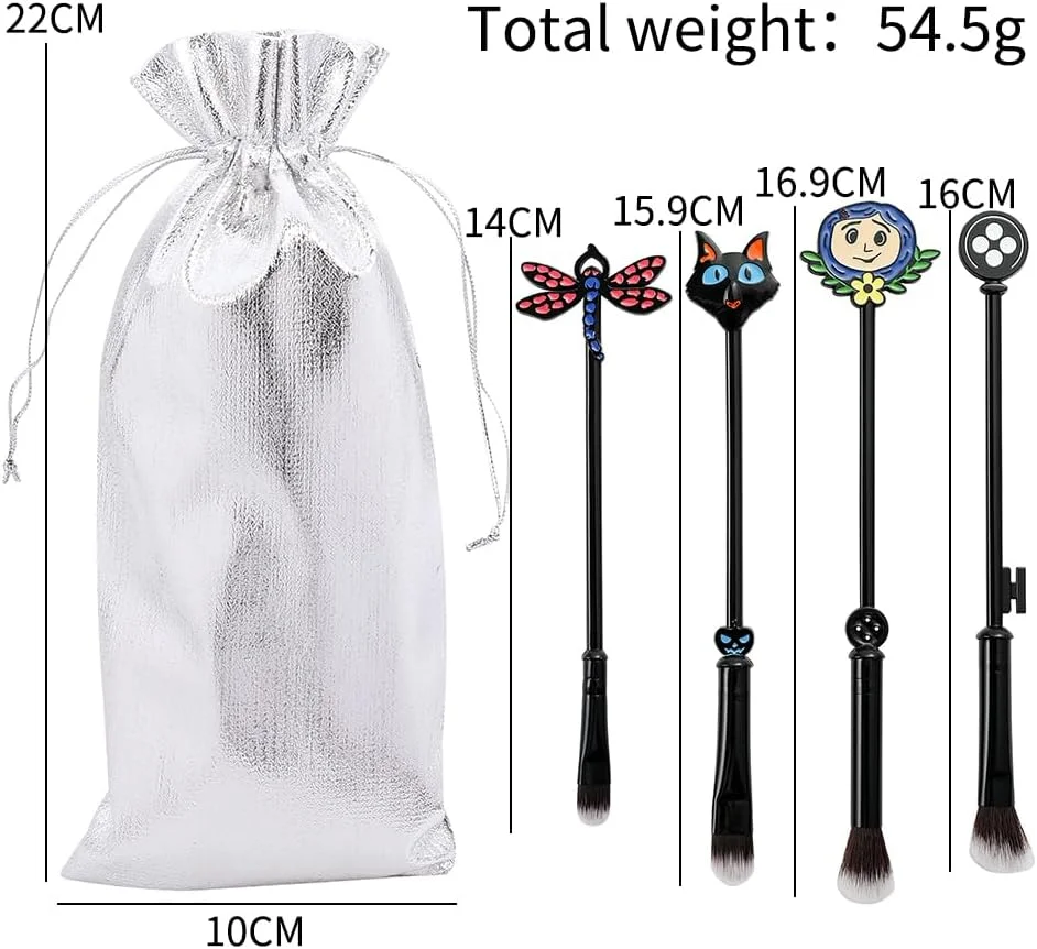 ست براش آرایشی بولباسور فیلم ترسناک کورالین - ست براش آرایشی جذاب زنانه هالووین کورالین، مجموعه یادبود فلزی، کیف بند دار نقره ای (ست براش آرایشی)