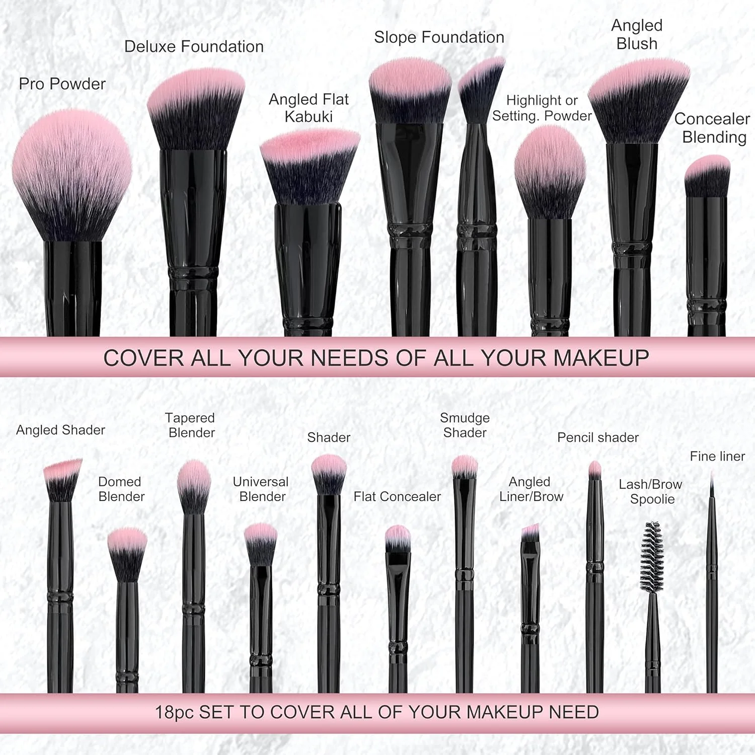 ست برس آرایشی 18 تکه حرفه ای دلوکس فوچیا صورتی مشکی Bueart Design با کیف نگهدارنده برس آرایشی مسافرتی، شامل برس های کرم پودر، کانسیلر، کانتور، رژگونه، سایه چشم و برس های آرایش صورت