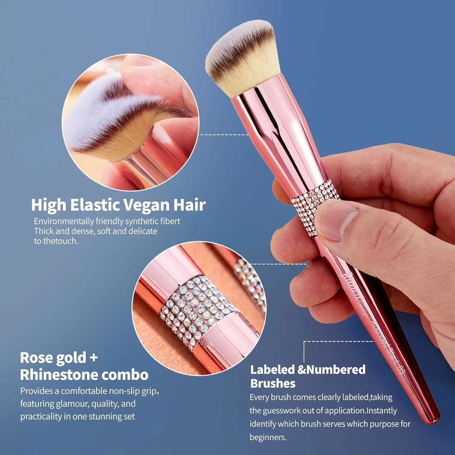 ست براش آرایشی حرفه ای Bueart، 16 تکه رزگلد با دسته های نگین دار، هولدر صورتی ست براش آرایشی حرفه ای Bueart، 16 تکه رزگلد با دسته های نگین دار، هولدر صورتی