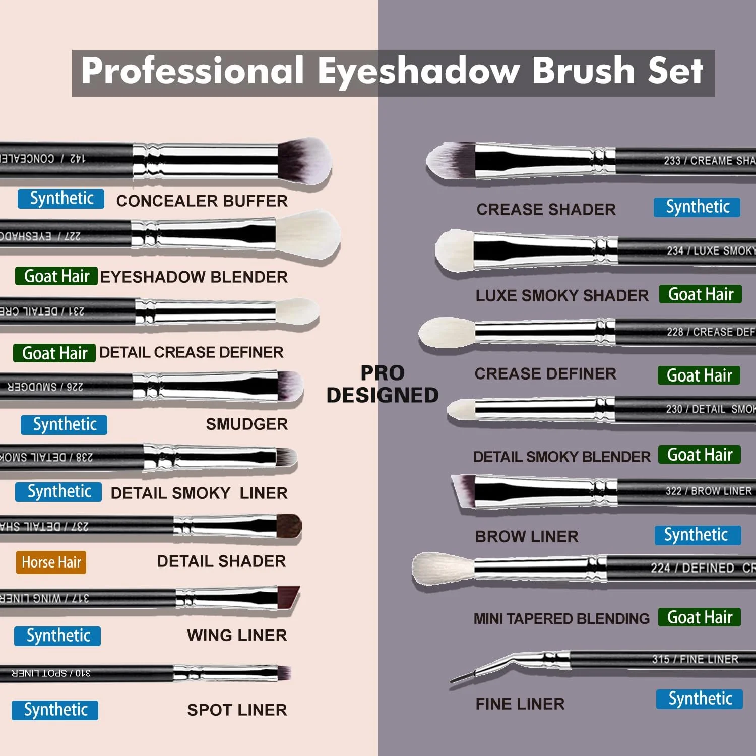 ست برس آرایشی سایه چشم 15 عددی حرفه ای موی طبیعی Bueart Design، ست برس موی بز و اسب حرفه ای