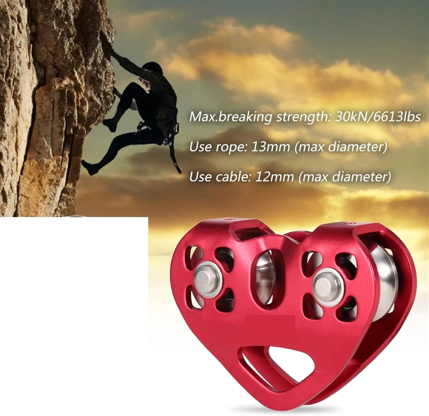 قرقره دوبل SEMOOR با کارابین قفل شونده برای صخره نوردی، غارنوردی، کار در ارتفاع و نجات (رنگ: قرمز)