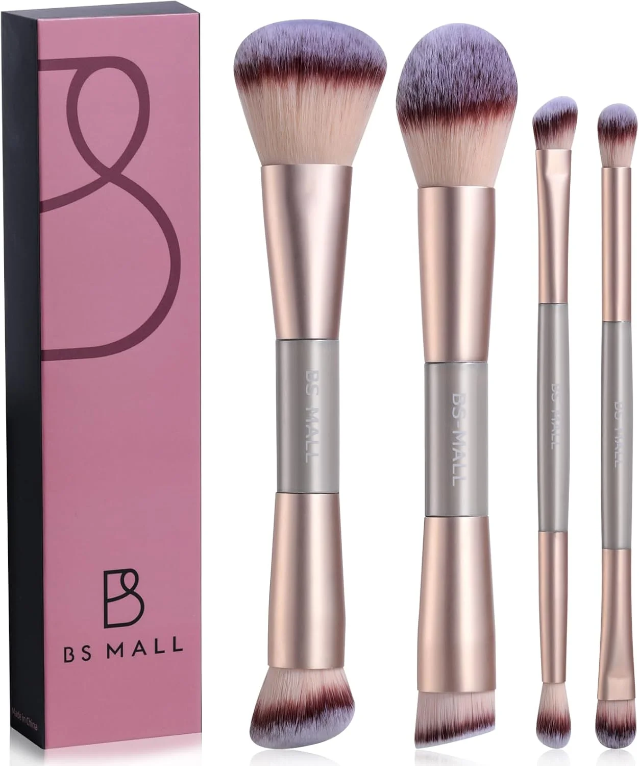 ست براش آرایشی دو طرفه قابل حمل BS-MALL، 4 تکه - براش سایه چشم لوکس، براش کانسیلر، براش رژگونه و براش کرم پودر برای استفاده روزانه چند منظوره و سبک (طلایی شامپاین)