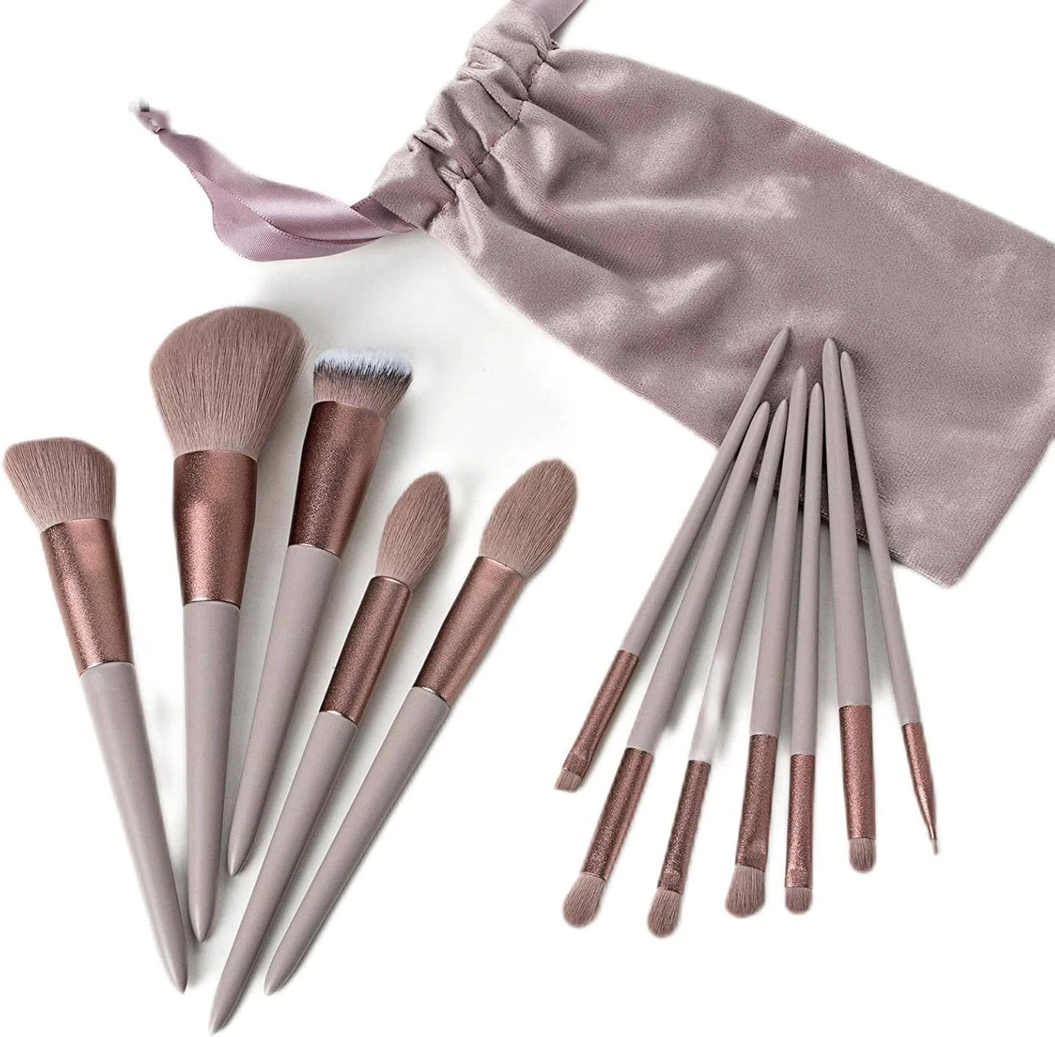 ست ابزار آرایشی 13 تکه طرح گل بنفشه و برگ های هالی، ست برس آرایشی رنگ چای شیر، برس سایه چشم، ابزار آرایشی