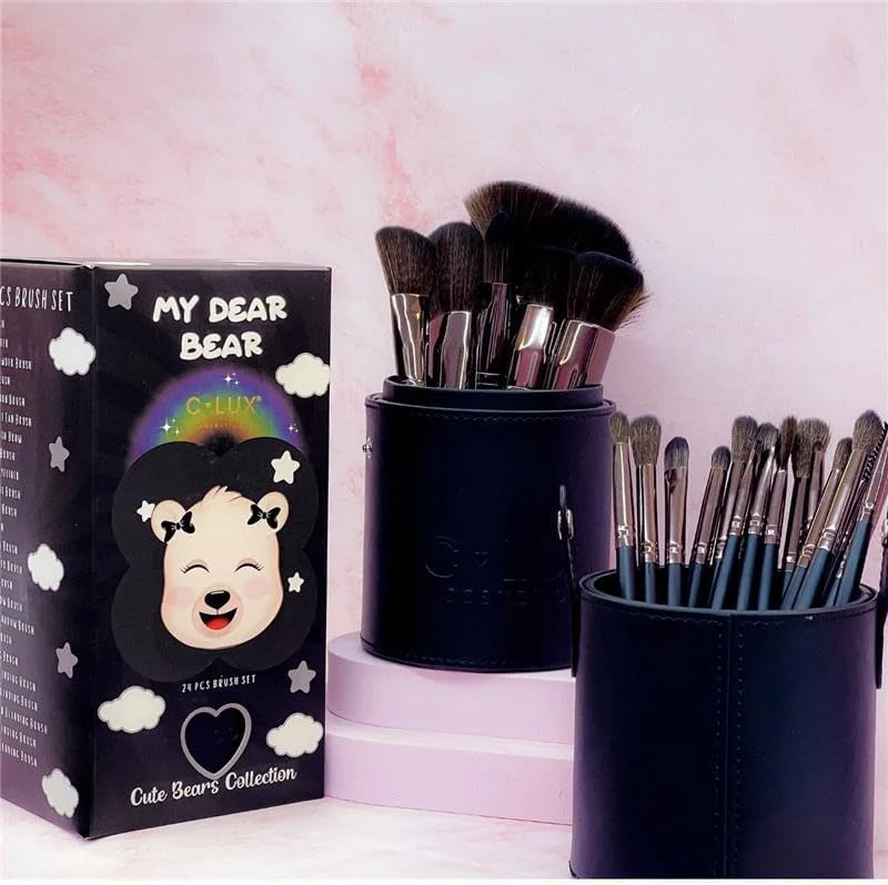 ست براش آرایشی 24 تکه "Bear Collection" - طراحی خاکستری شیک، موهای مصنوعی نرم، کیت کامل صورت و چشم به همراه هولدر مسافرتی