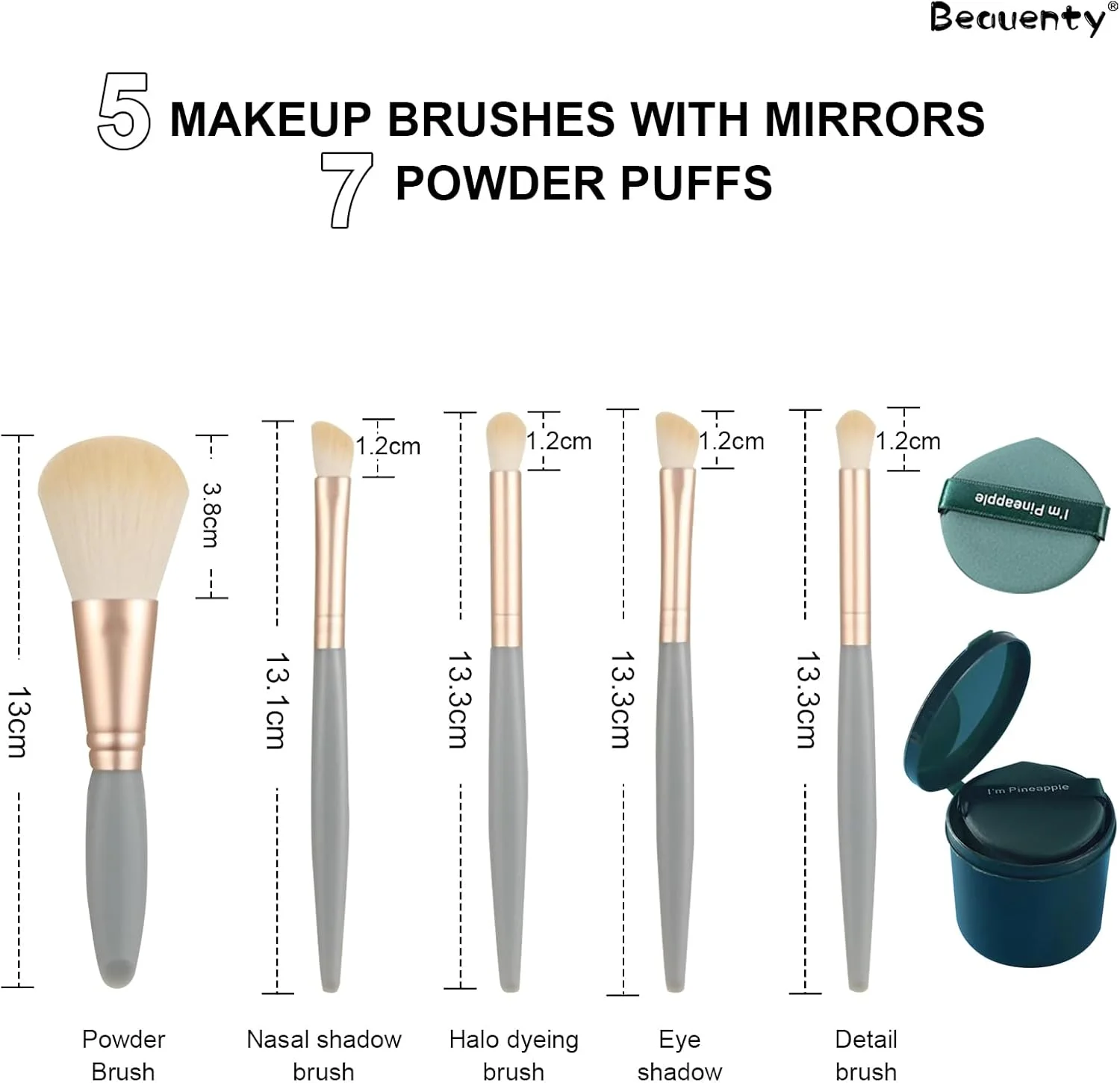 ست برس آرایشی مینی 5 تکه Beauenty با جعبه مسافرتی آینه دار، پد پودری 7 تکه برای پودر فونداسیون، ترکیب کانسیلر، سایه چشم، رژگونه، برس لوازم آرایشی