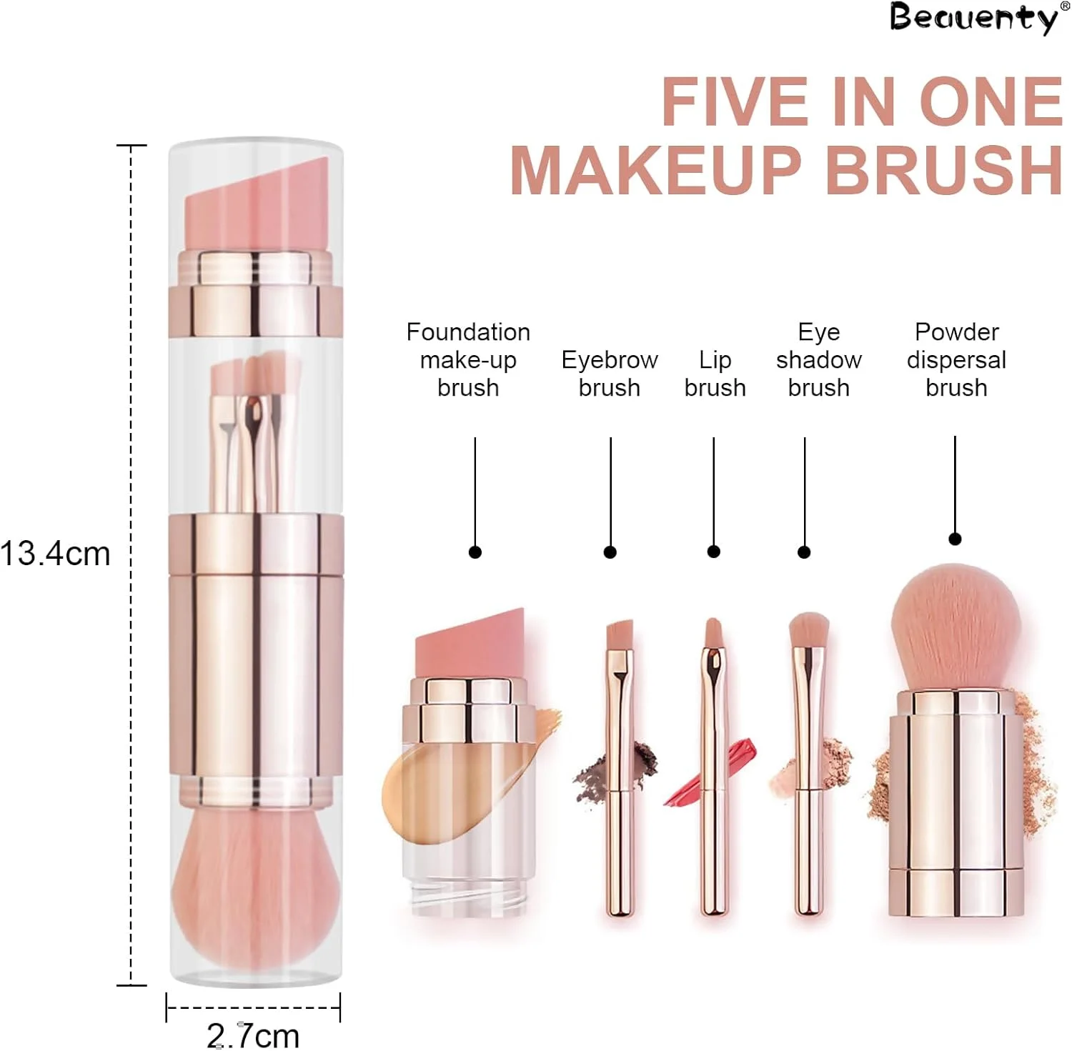 ست برس آرایشی قابل حمل 5 در 1 Beauenty شامل برس کرم پودر، برس لب، برس ابرو، برس سایه چشم، برس پودر برای مسافرت