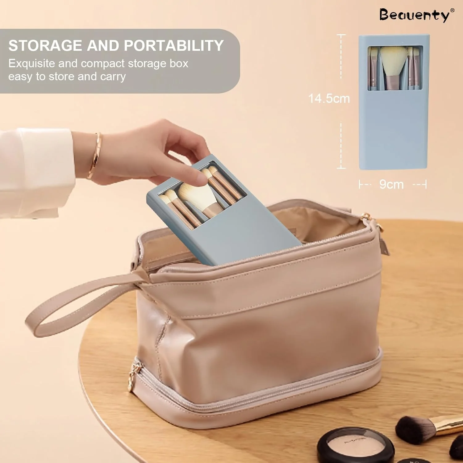 ست برس آرایشی مینی 5 تکه Beauenty با جعبه مسافرتی آینه دار، پد پودری 7 تکه برای پودر فونداسیون، ترکیب کانسیلر، سایه چشم، رژگونه، برس لوازم آرایشی