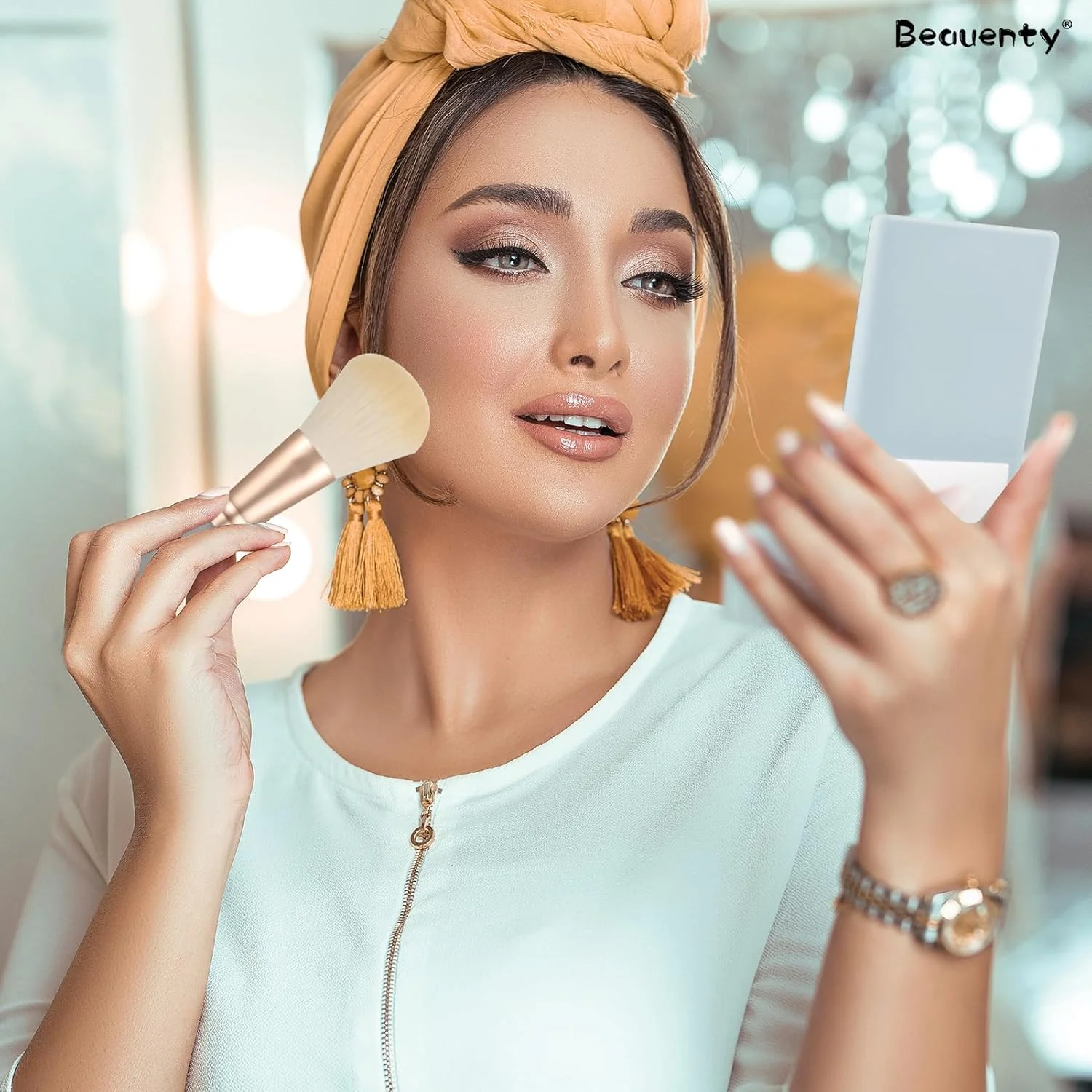 ست برس آرایشی مینی 5 تکه Beauenty با جعبه مسافرتی آینه دار، پد پودری 7 تکه برای پودر فونداسیون، ترکیب کانسیلر، سایه چشم، رژگونه، برس لوازم آرایشی