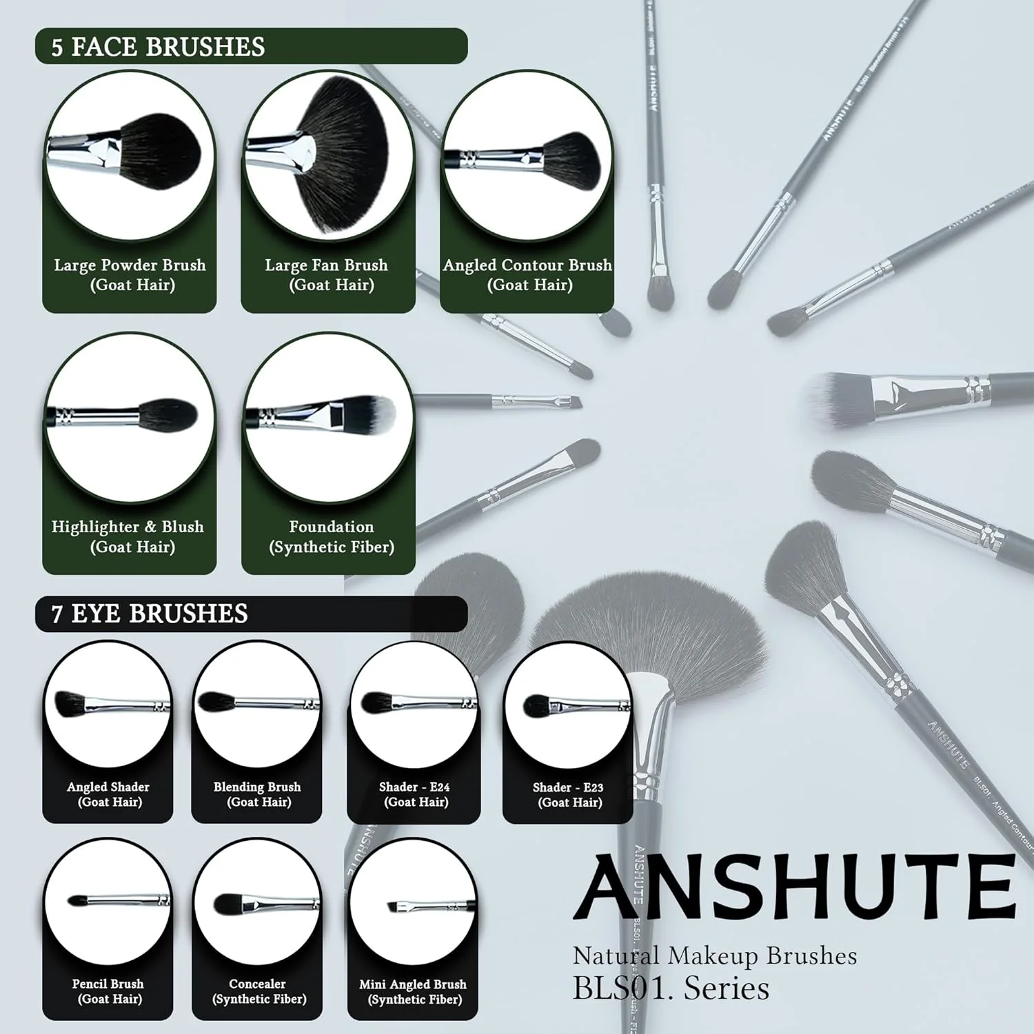 ست برس آرایشی 12 تکه موی بز طبیعی حرفه ای Anshute با کیف مسافرتی - 5 برس صورت و 7 برس چشم. موهای فوق العاده نرم، تنوع برس ها.