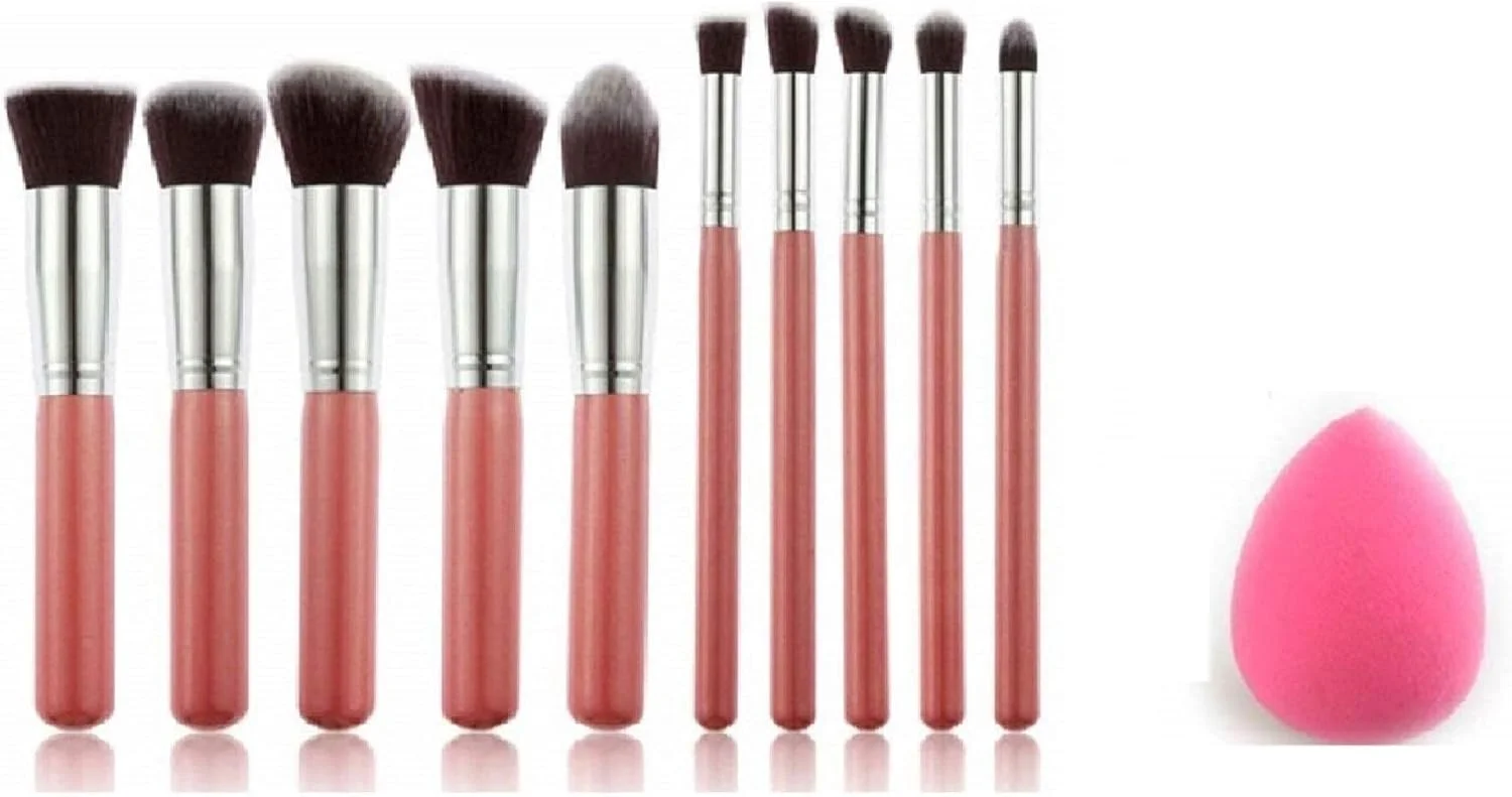 ست برس آرایشی 10 عددی آنجلی پروفشنال صورتی به همراه اسفنج بلندر