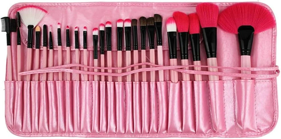 ست برس آرایشی حرفه ای 24 تکه AIJIA، کیف برس آرایشی چرمی PU صورتی، موی نایلونی با برس آرایشی دسته صورتی (رنگ: صورتی)