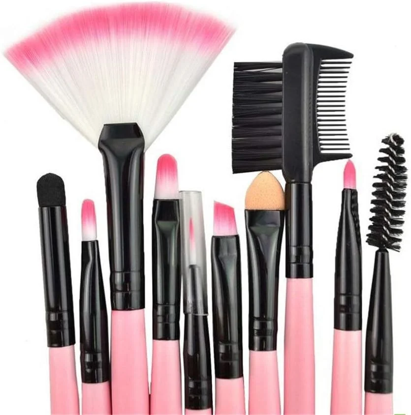 ست برس آرایشی حرفه ای 24 تکه AIJIA، کیف برس آرایشی چرمی PU صورتی، موی نایلونی با برس آرایشی دسته صورتی (رنگ: صورتی)