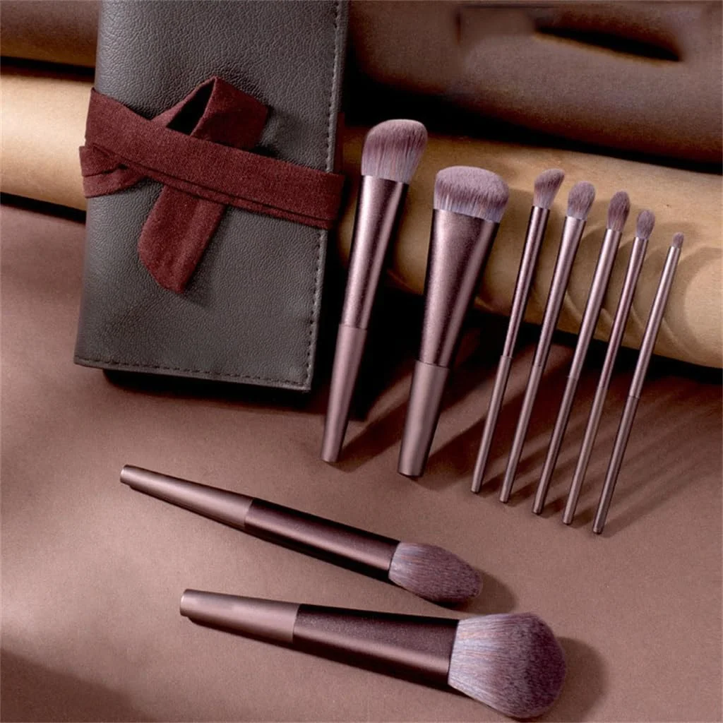 ست برس آرایشی 9 تکه لوله آلومینیومی برس دار شامل برس کرم پودر، برس رژگونه و برس پودر شل