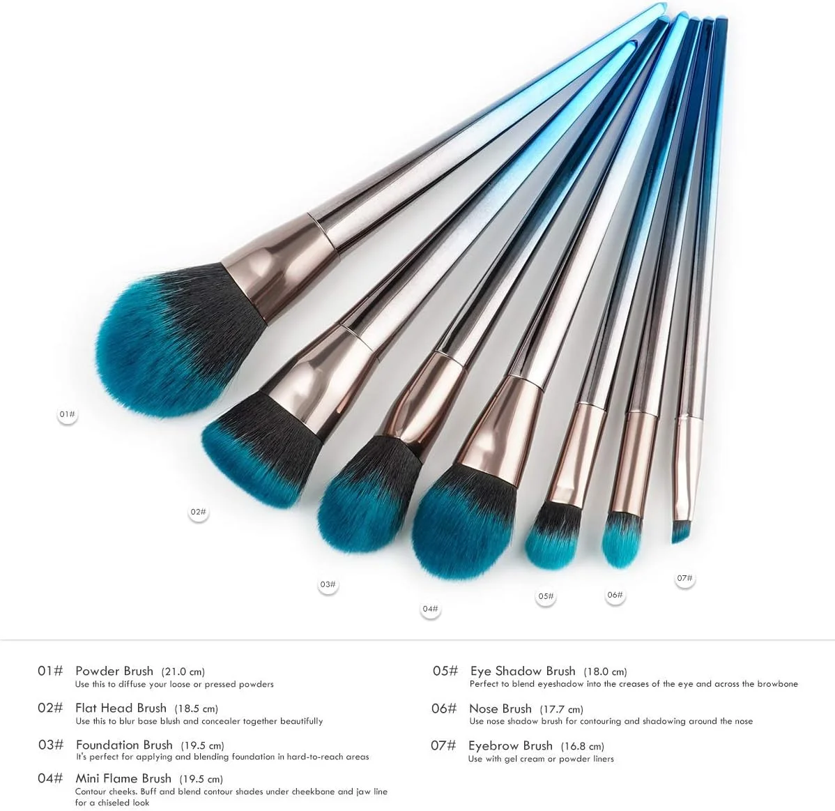 ست برس آرایشی 7 تکه градиент آبی مشکی AIJIA دسته پلاستیکی برس کرم پودر رژگونه سایه چشم برس لب ابزار آرایش صورت برس آرایشی (رنگ: градиент آبی و مشکی)