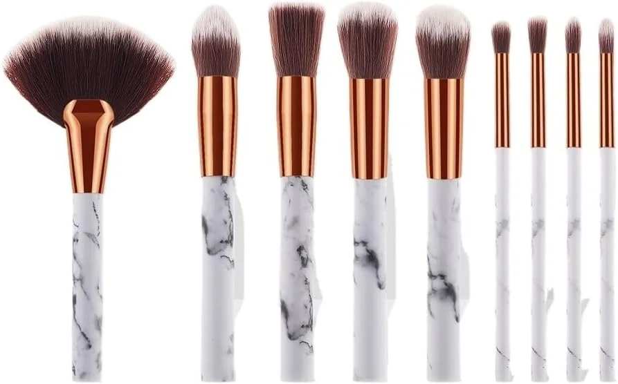 ست ۹ عددی برس آرایشی طرح مرمر، ابزار آرایشی، برس پخش کننده پودر بادبزنی