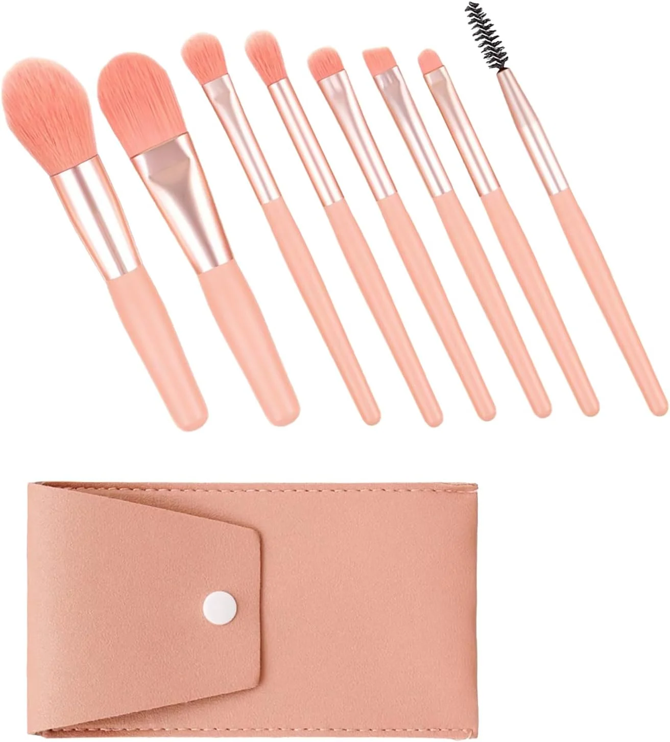 ست برس آرایشی مسافرتی 8 تکه صورتی با کیف - برس های کوچک ضروری برای کرم پودر صورت، رژگونه و سایه چشم - کیت ابزار آرایشی جمع و جور و قابل حمل