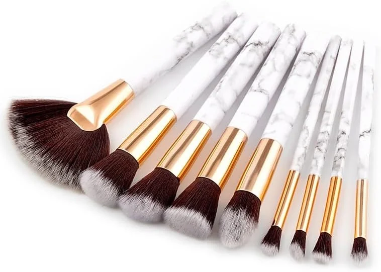 ست ۹ عددی برس آرایشی طرح مرمر، ابزار آرایشی، برس پخش کننده پودر بادبزنی